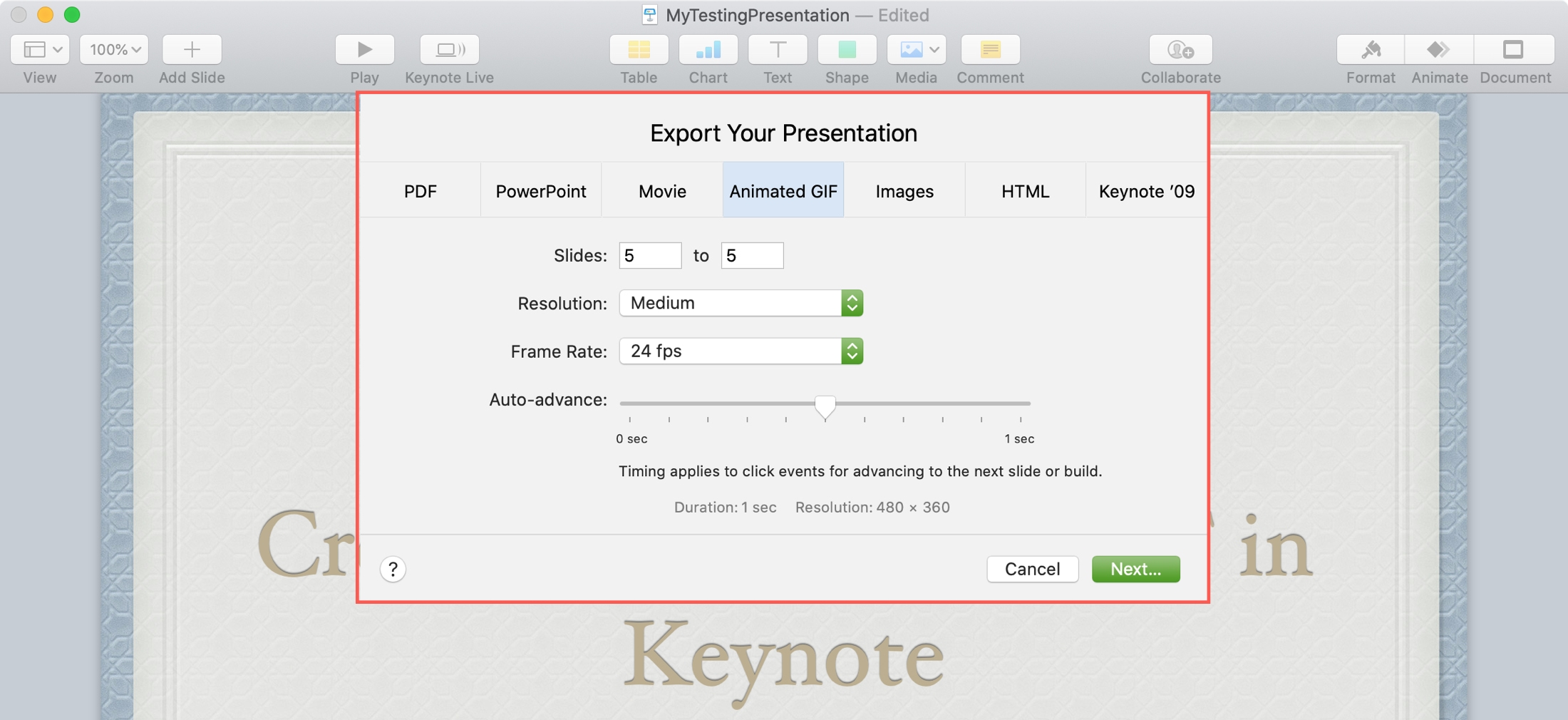 Animated GIF Settings in Keynote Mac