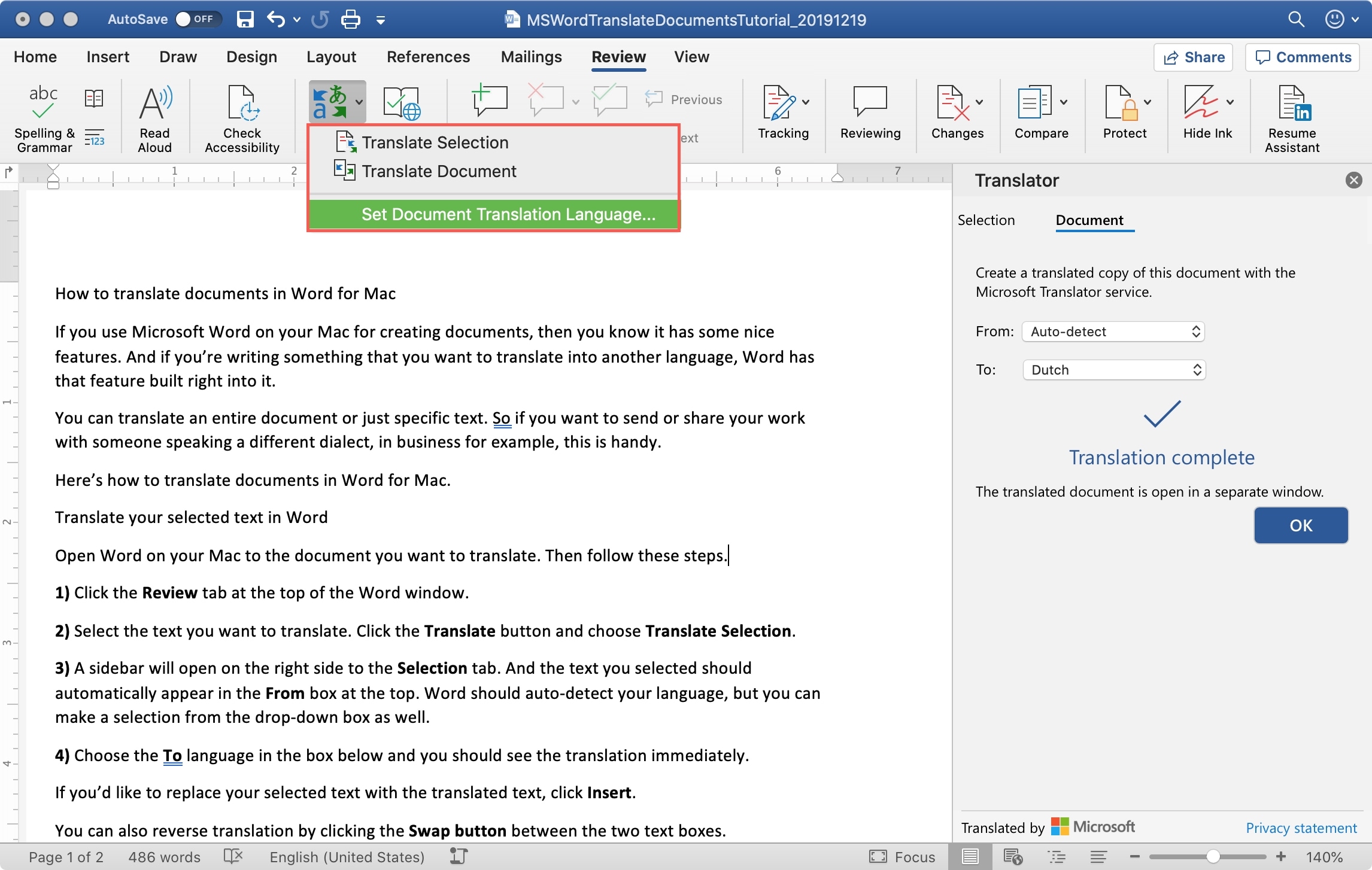 MS Word Select Translation Language Mac