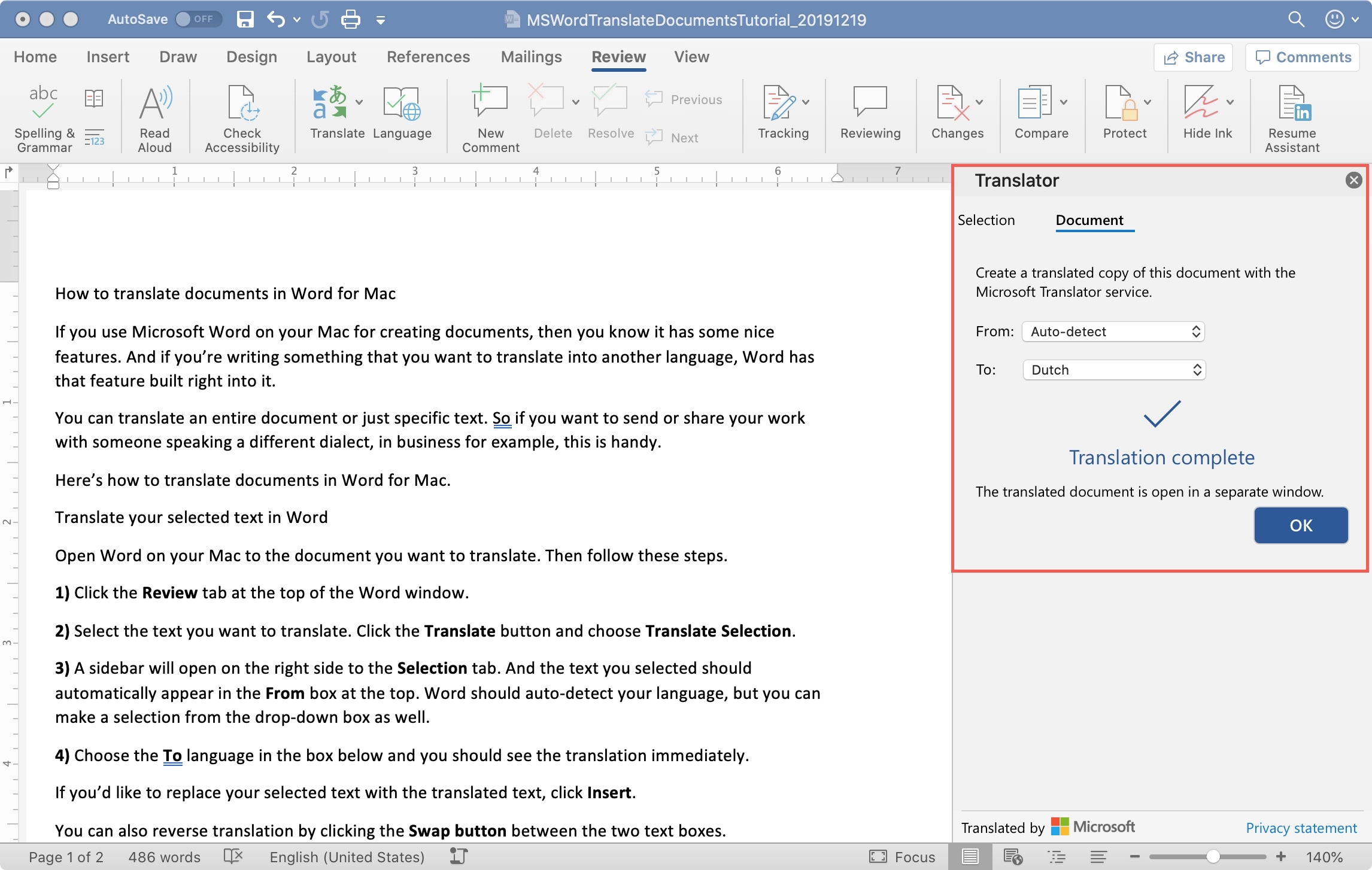 MS Word Translate Document Mac