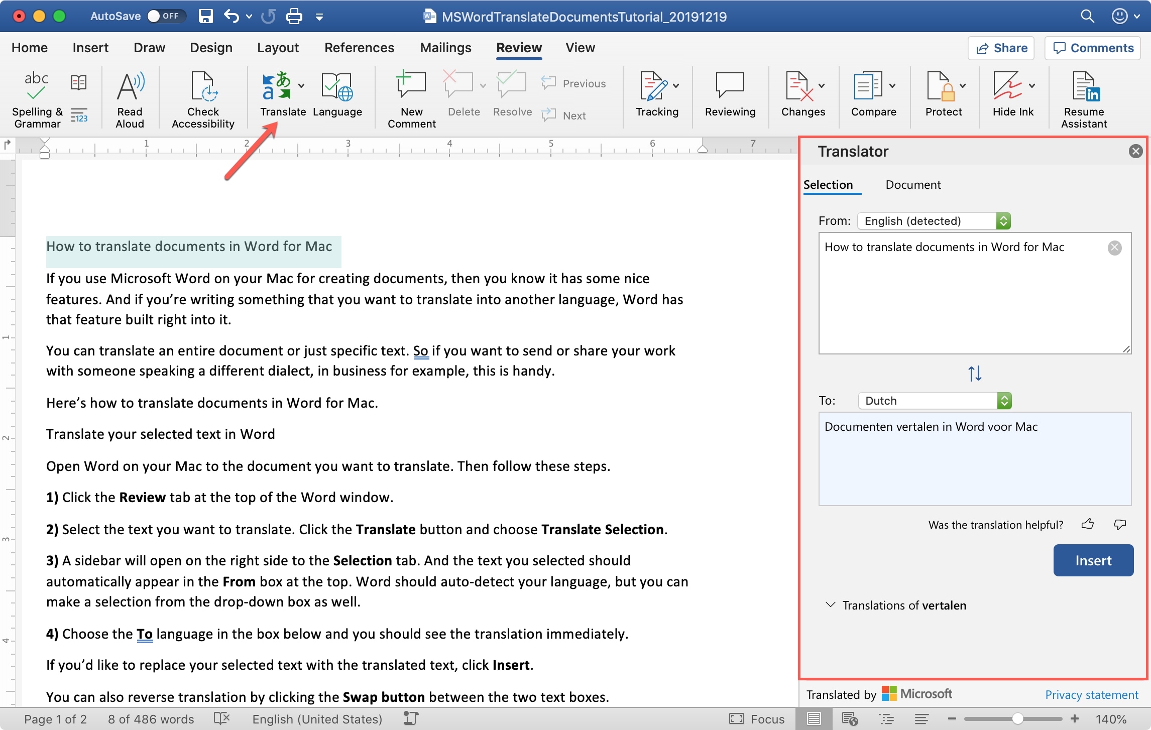 MS Word Translate Selection Mac