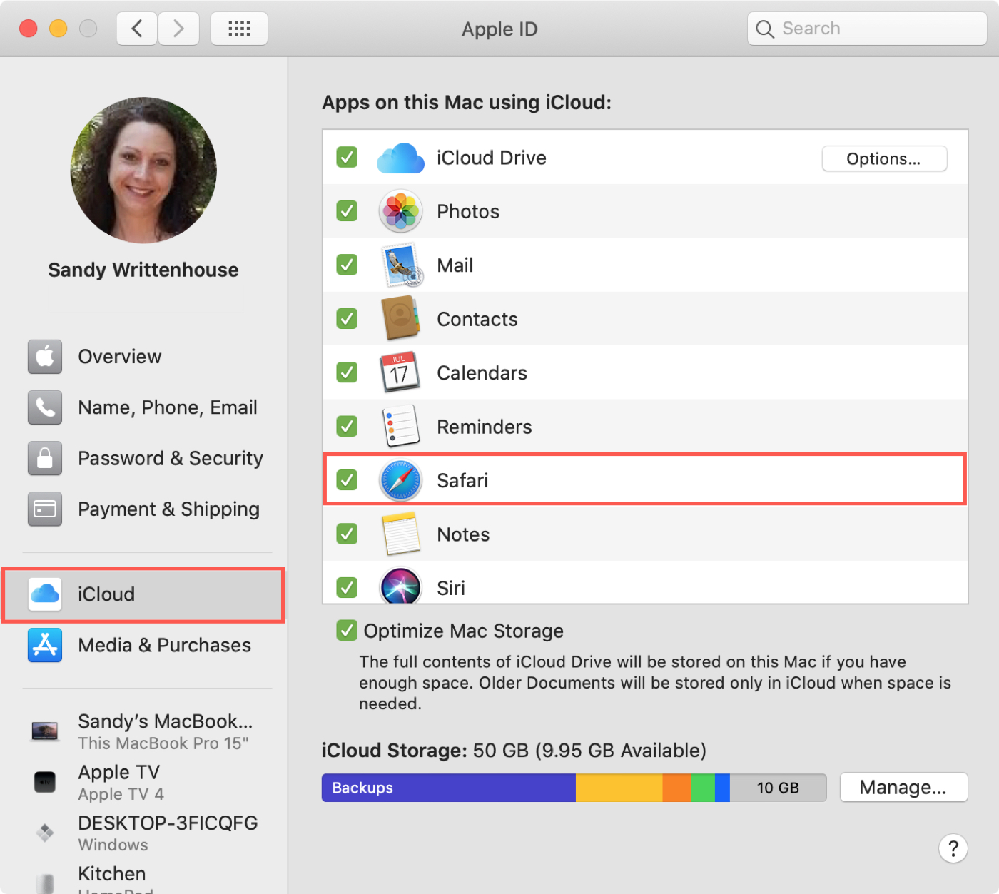 System Pref Apple ID iCloud Safari Mac