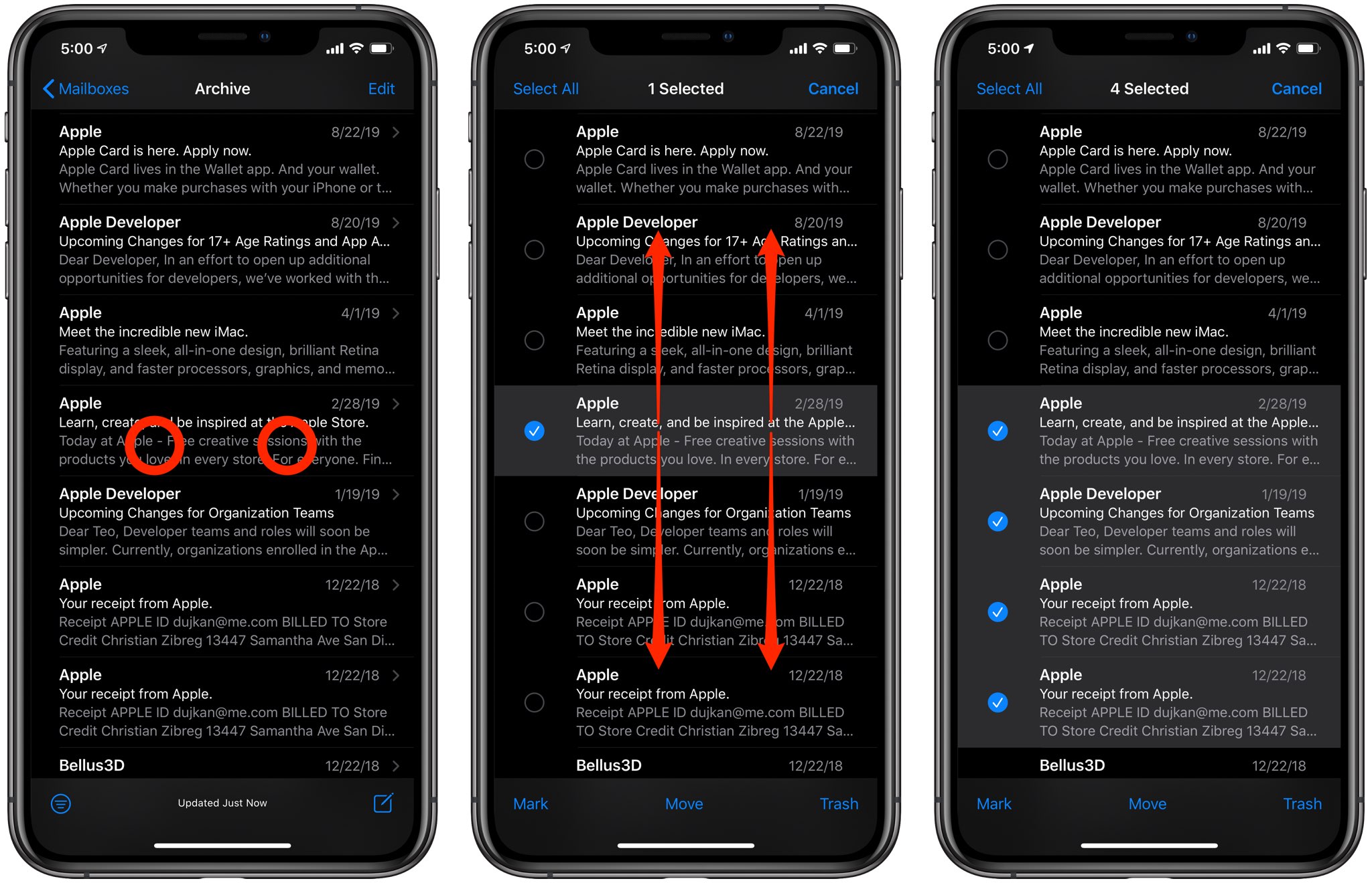 select emails with two-finger tap on iPhone