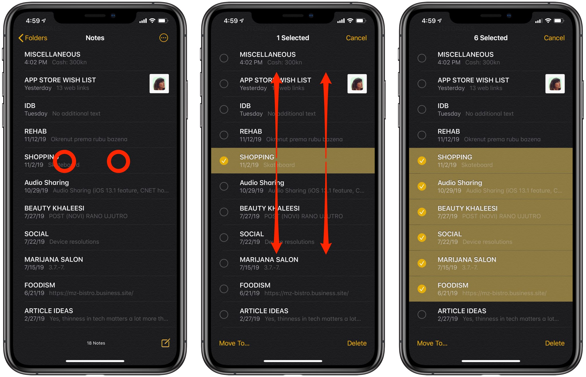 select notes with two-finger tap on iPhone
