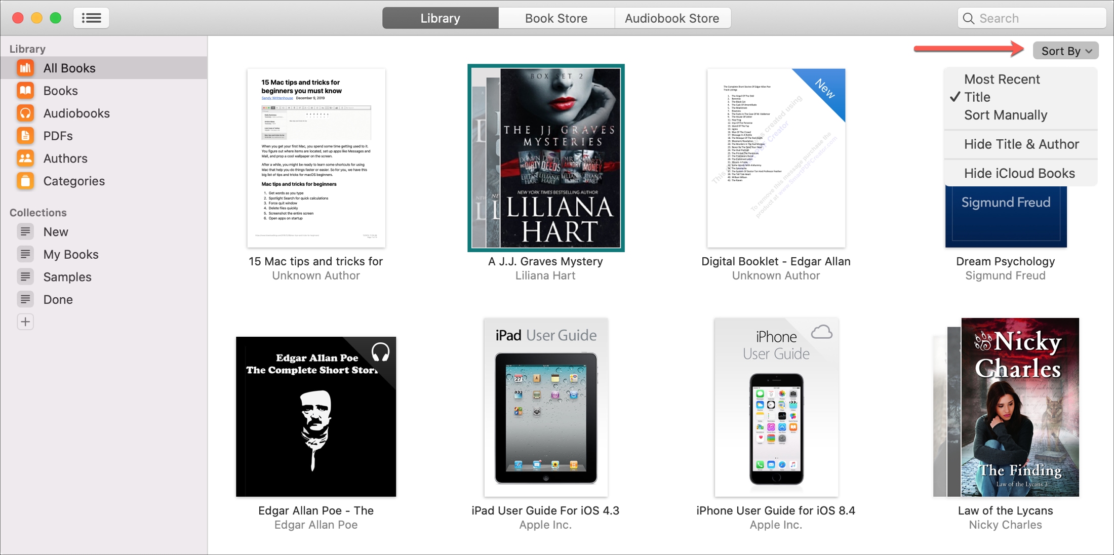 Apple Books library Mac Sort By