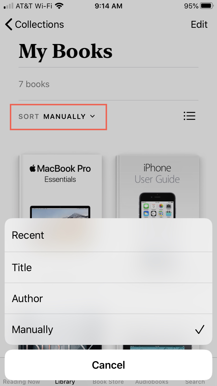 Apply Books library iPhone Sort By