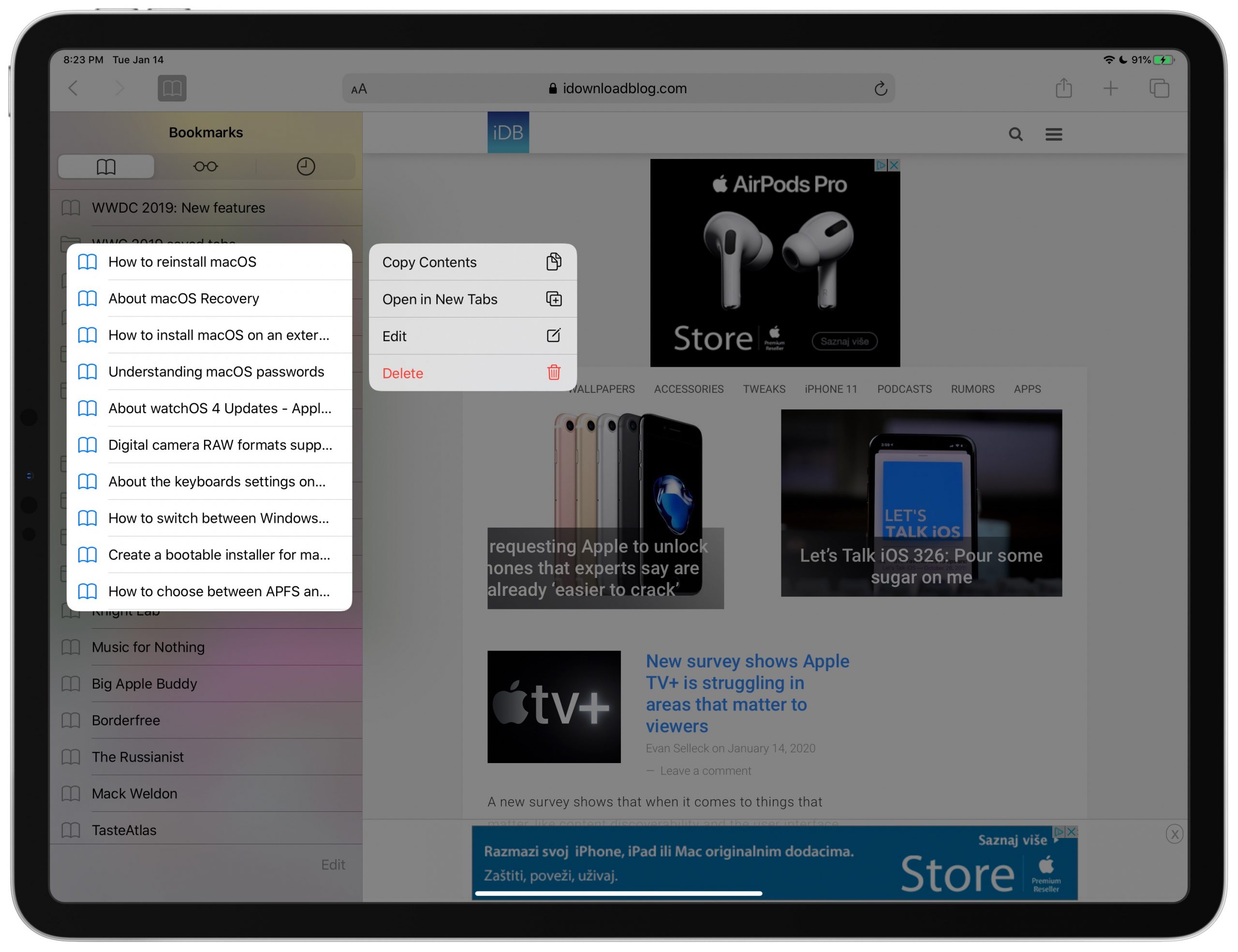 copy favorite website URLs safari iPad