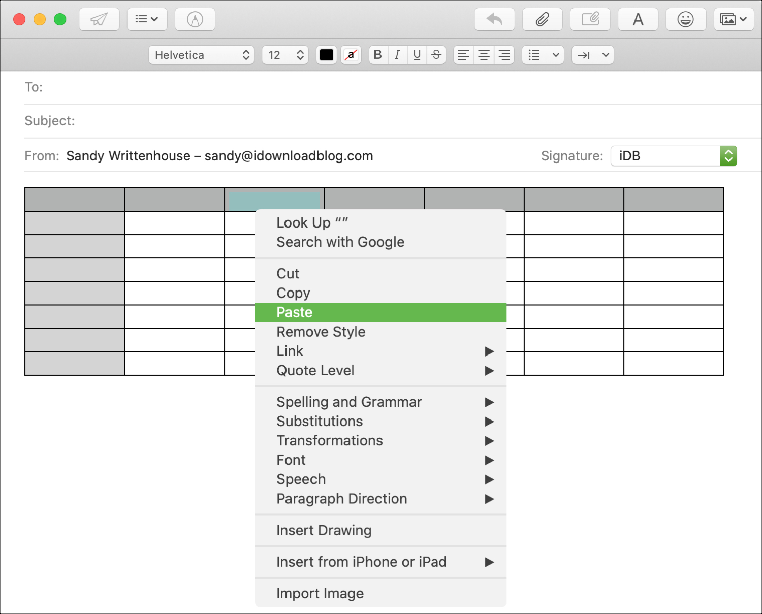 Paste Table into Email in Mail Mac