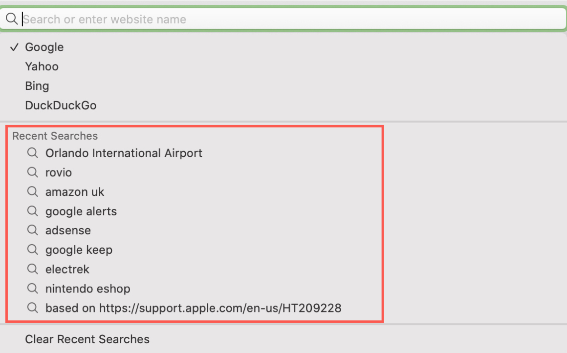 Safari Recent Searches Mac