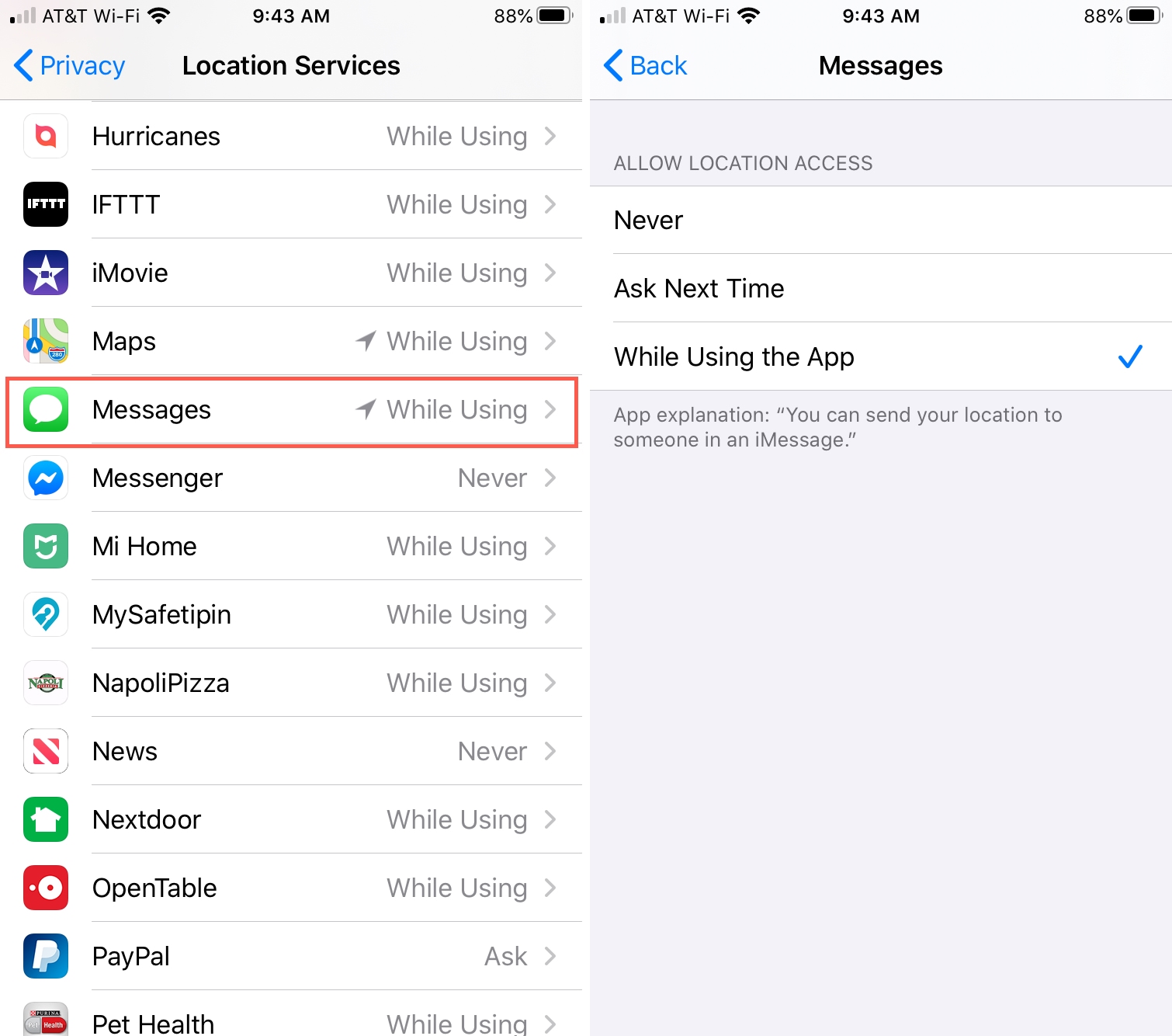 iPhone enable location services messages