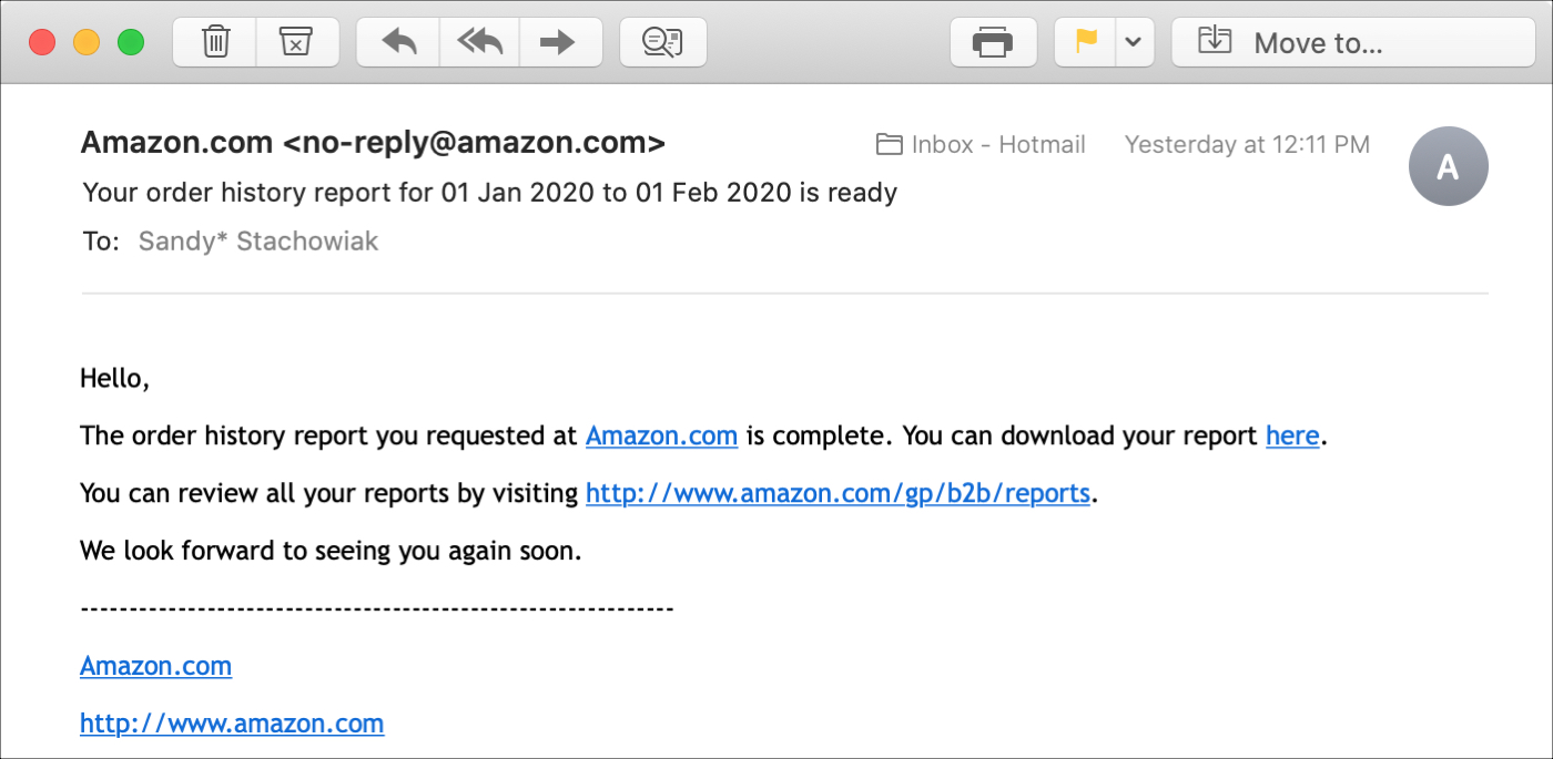 Amazon Request Order History Report Email
