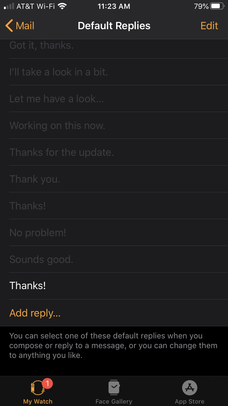 Mail Apple Watch Custom Replies Settings