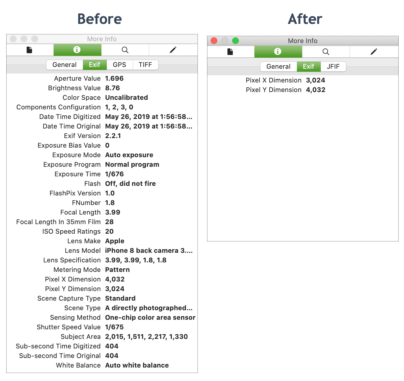 Metadata Preview Before and After EXIFPurge