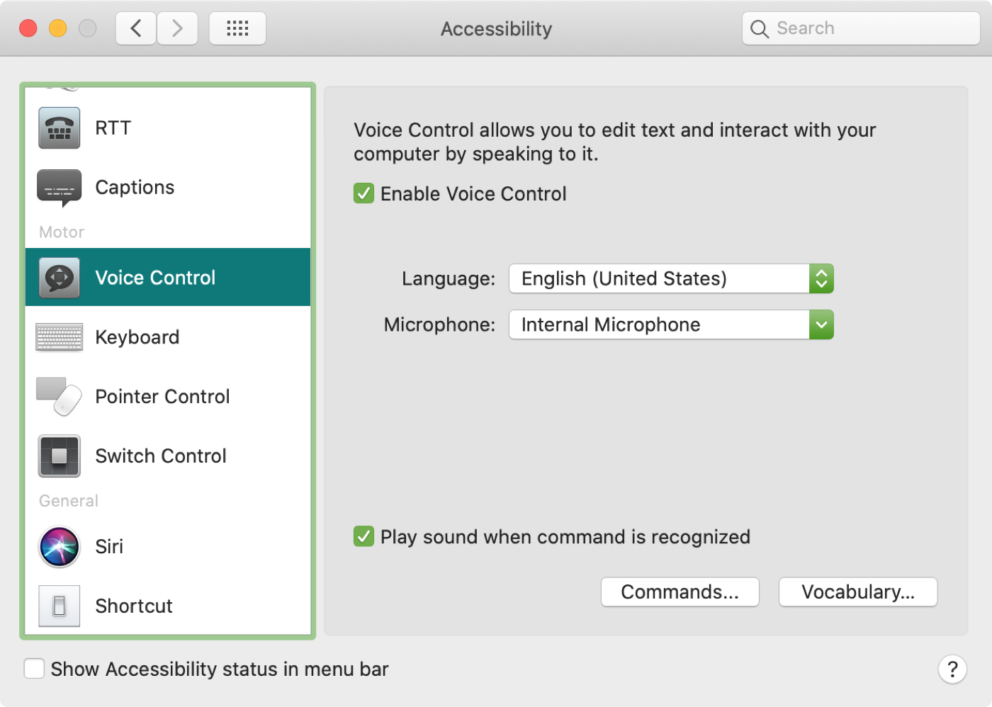 Voice Control Preferences Mac Commands Vocabulary