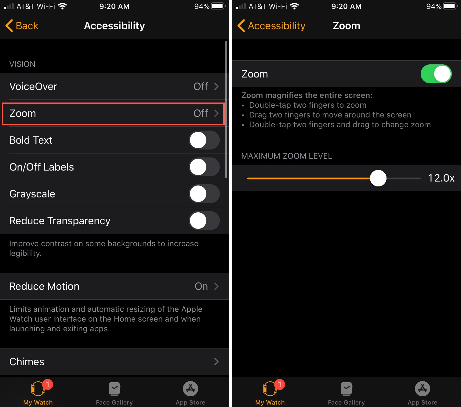Zoom Settings on iPhone Watch app