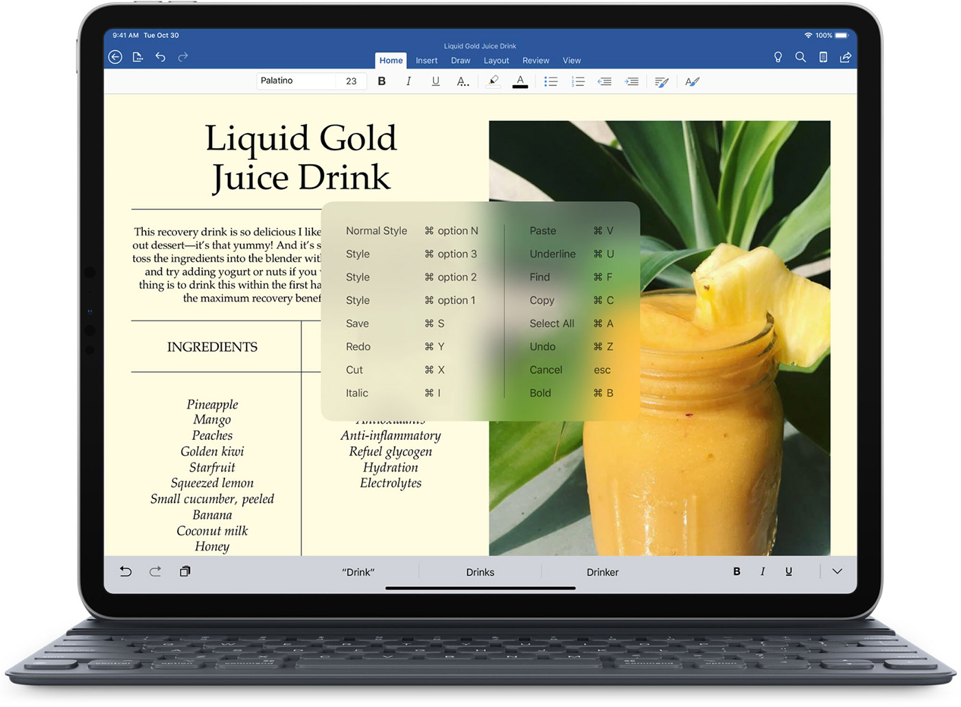 Keyboard shortcuts show in Microsoft Word on iPad