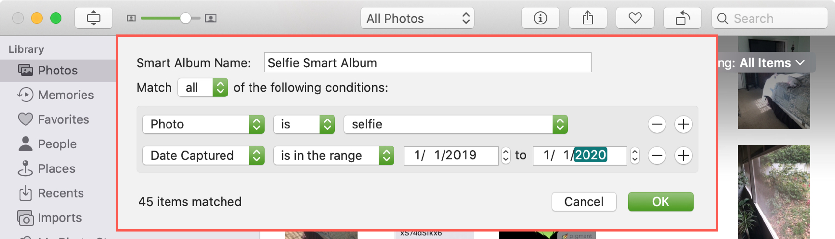 Add Condition Smart Album in Photos Mac