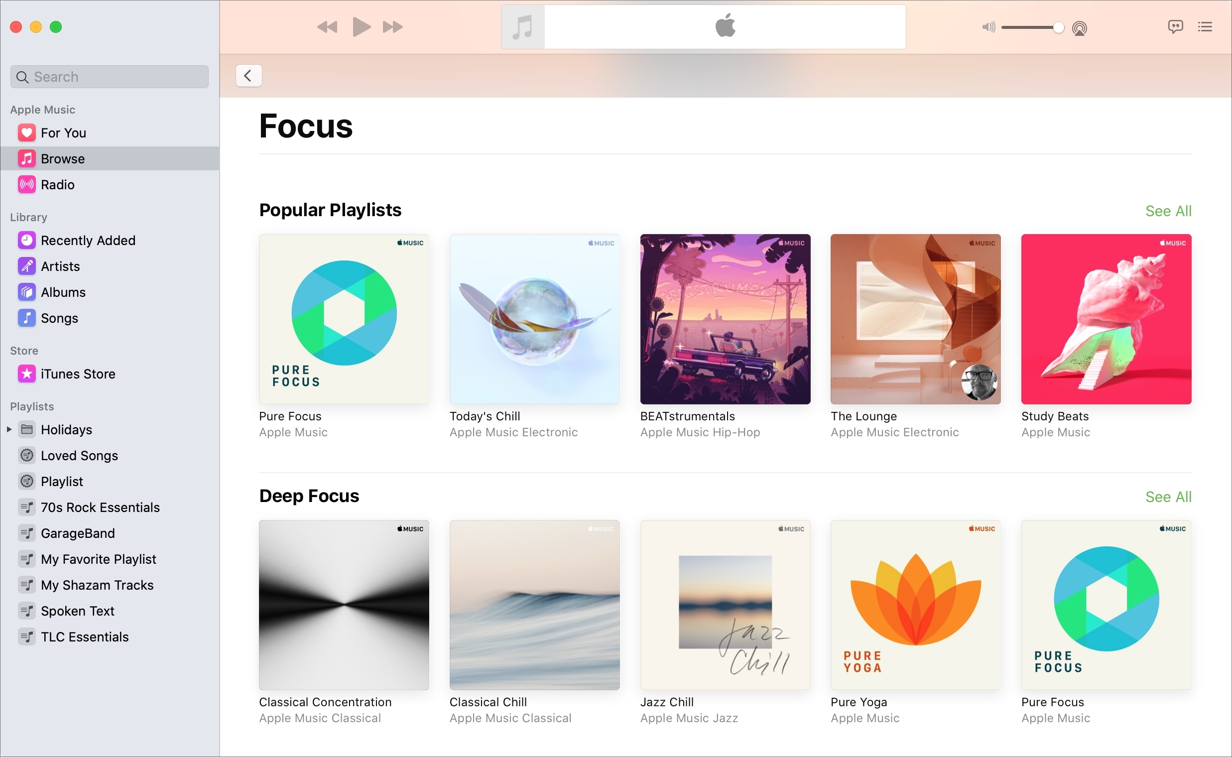 Apple Music Focus section Mac