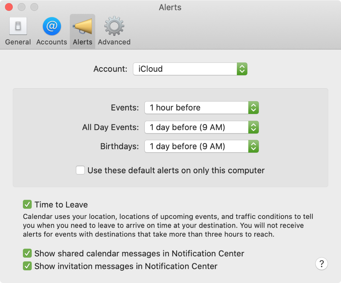 Calendar Alert Preferences Mac