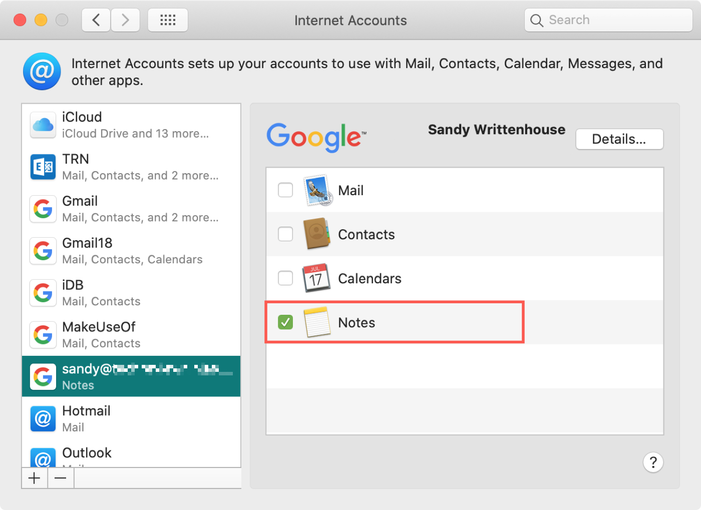 Check Notes Internet Accounts Mac