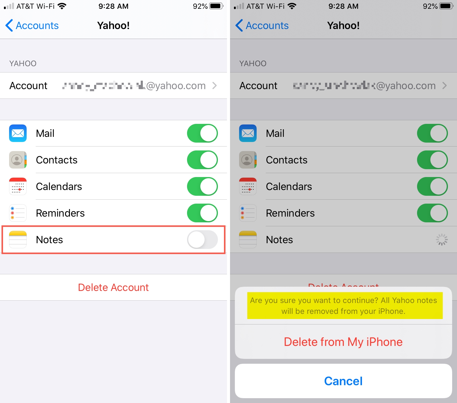 Disable Notes Account iPhone
