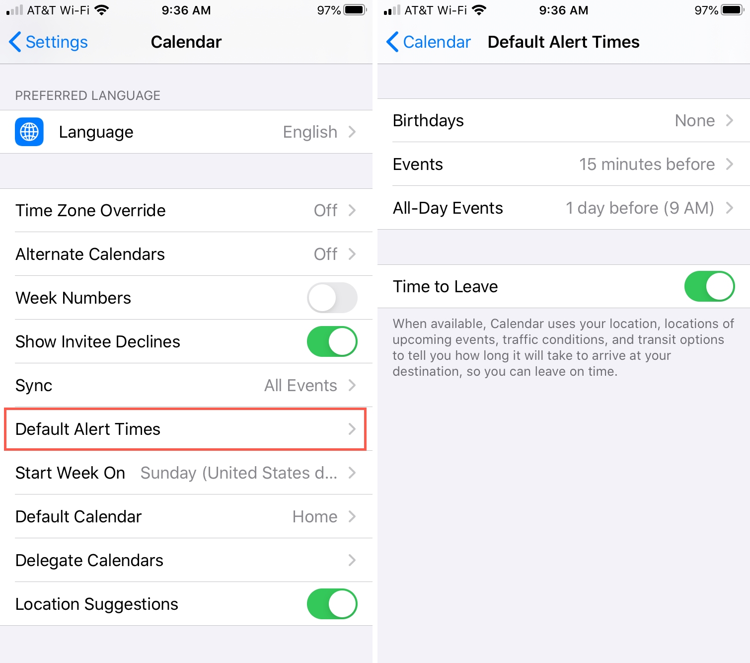 Settings Calendar Default Alert Times iPhone