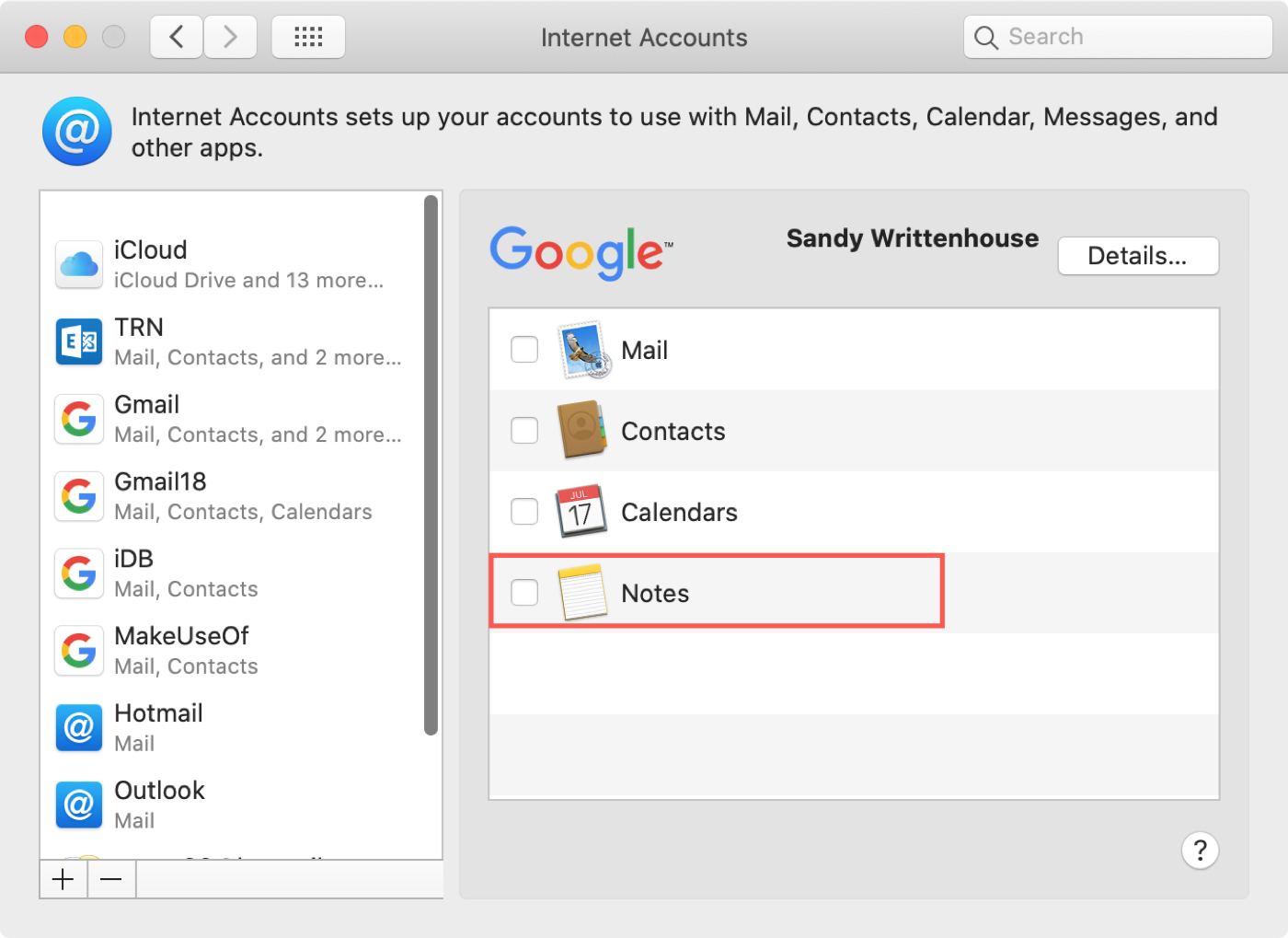 Uncheck Notes Internet Accounts Mac