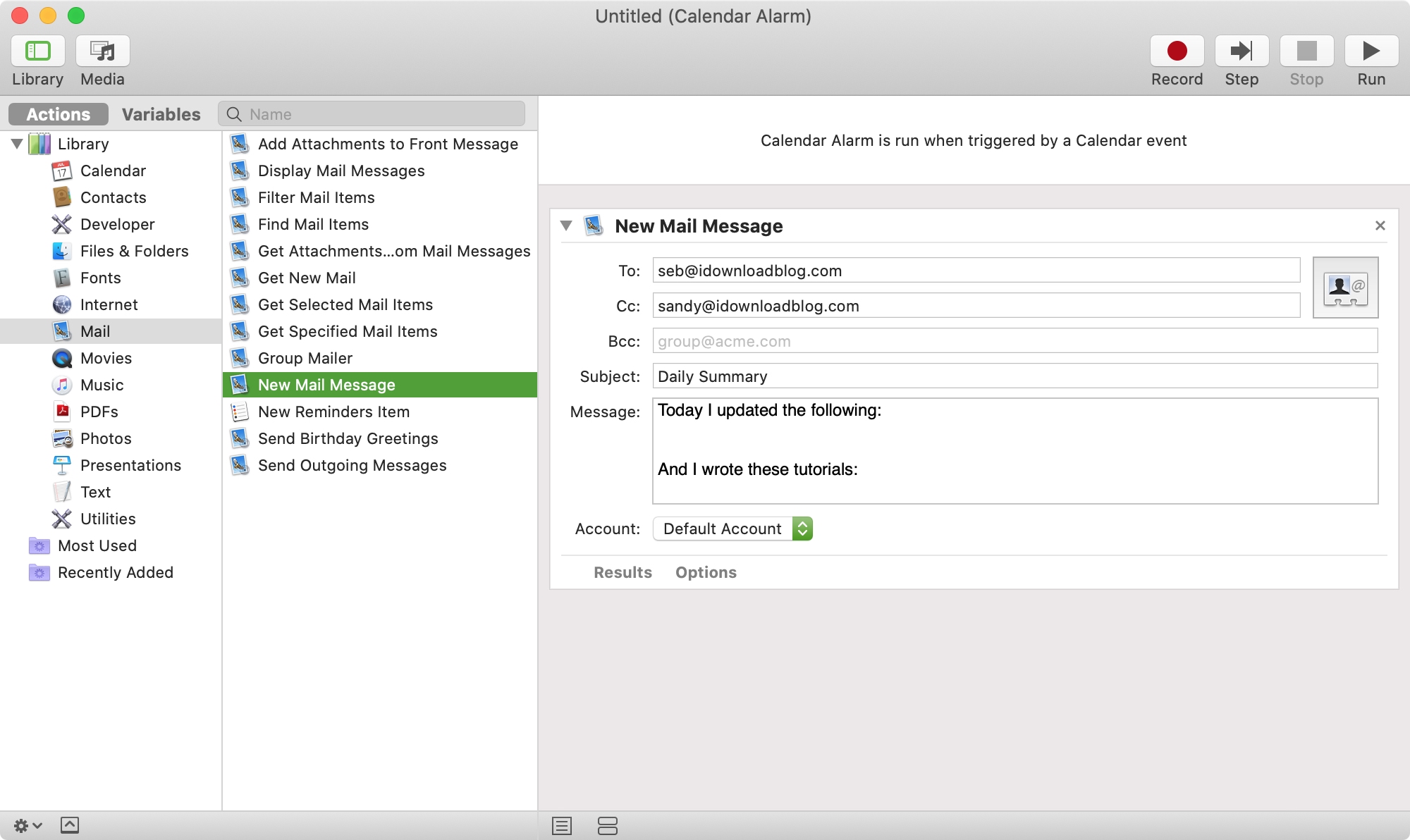 Automator Calendar Alarm to Create Email