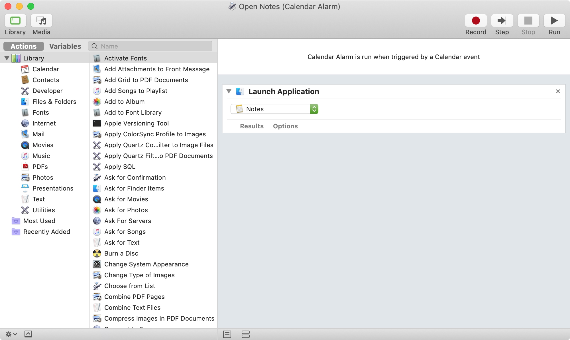Automator Calendar Alarm to Launch Notes