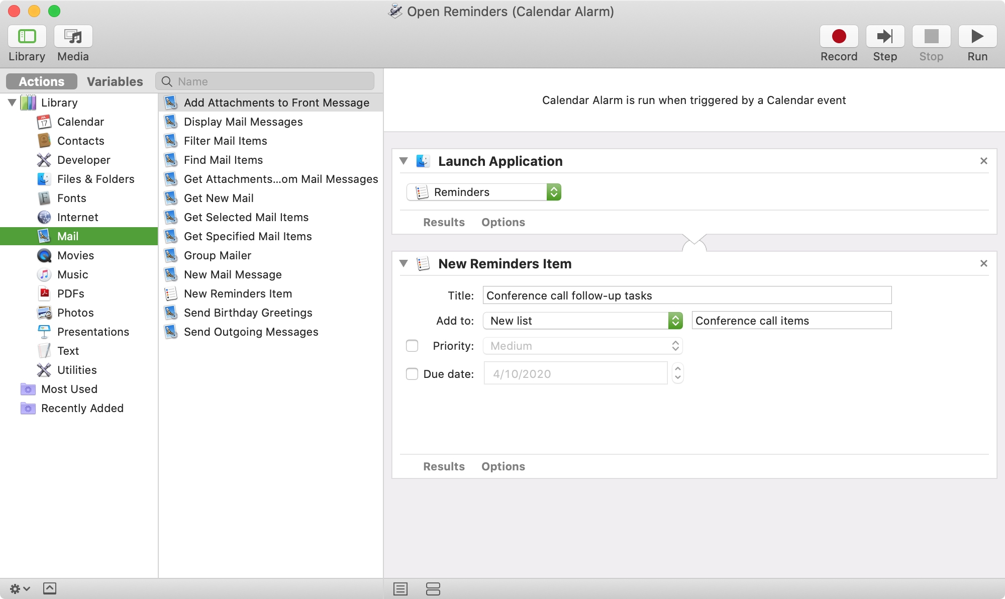 Automator Calendar Alarm to Open Reminders