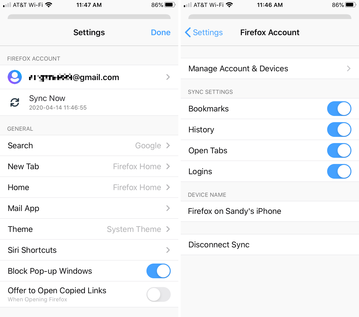 Firefox Sync Options iPhone