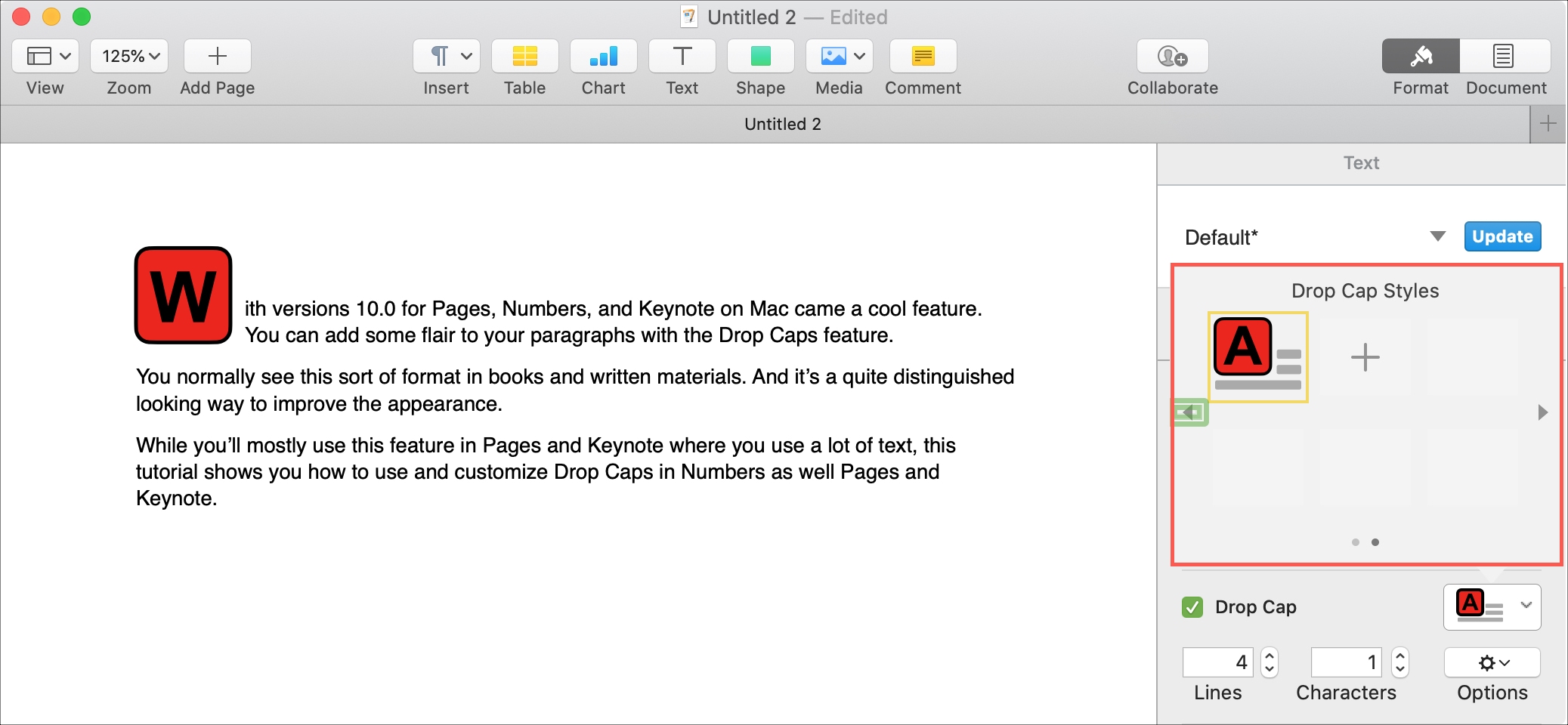 Mac Pages Drop Cap Add Style