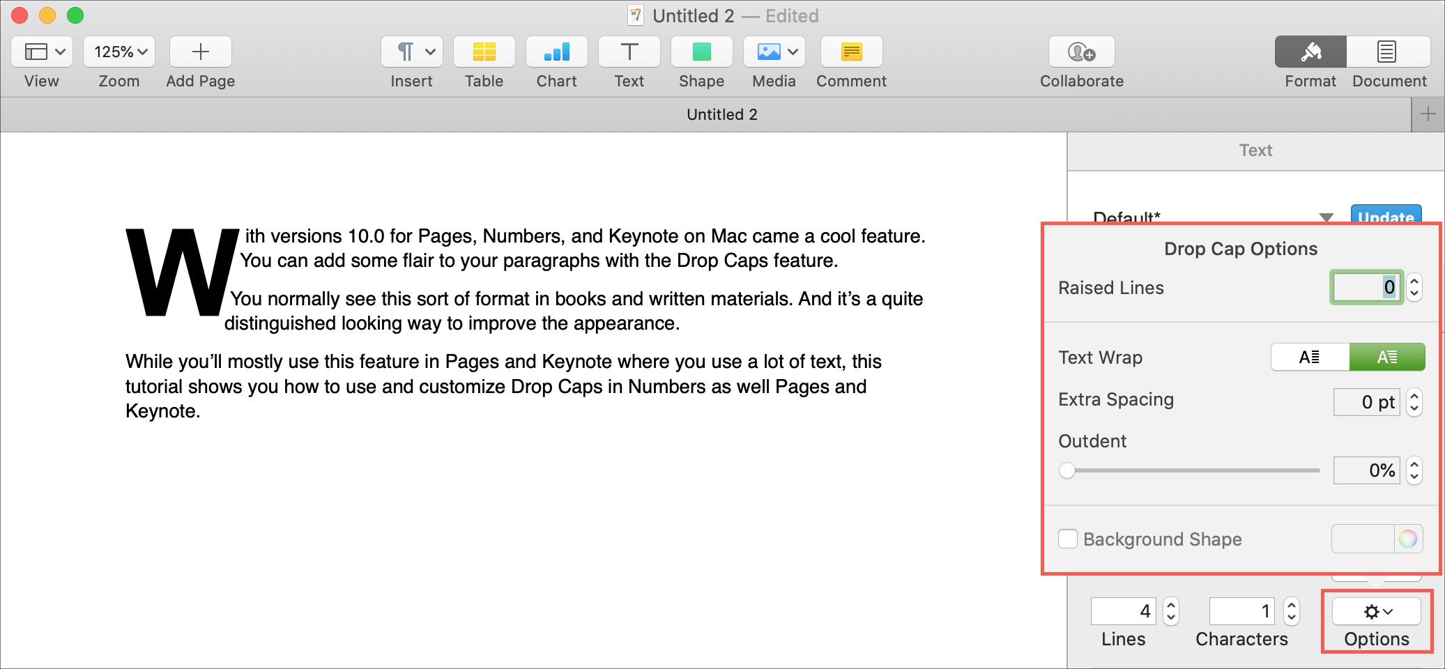 Mac Pages Drop Cap Settings