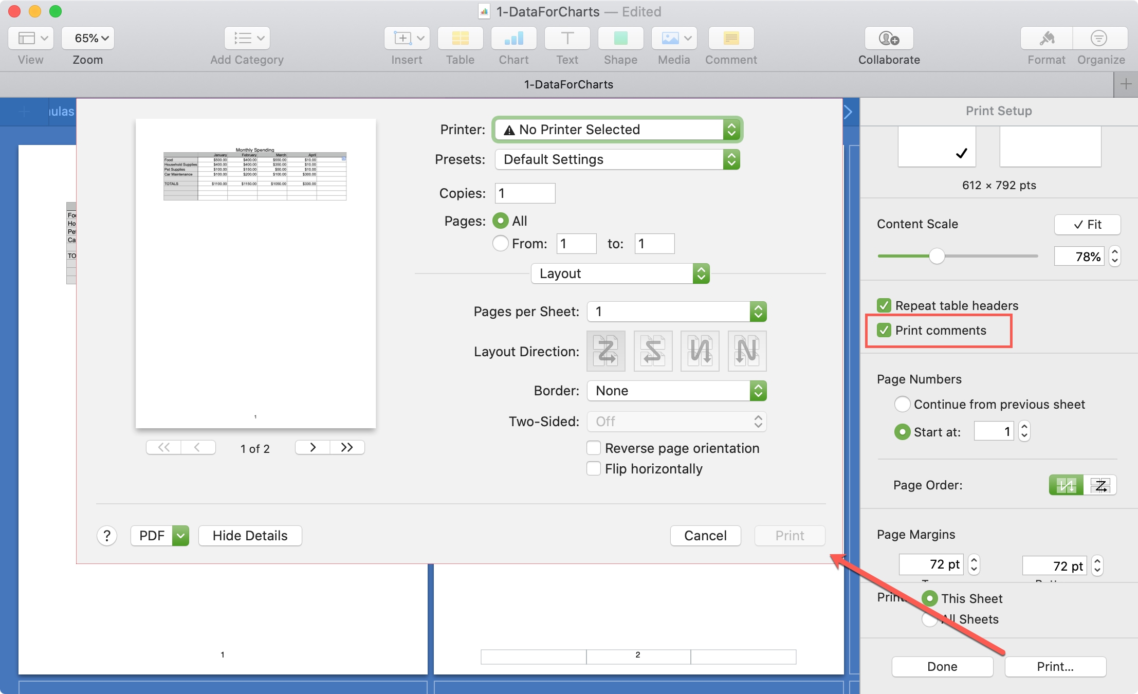 Numbers Mac PDF Comments