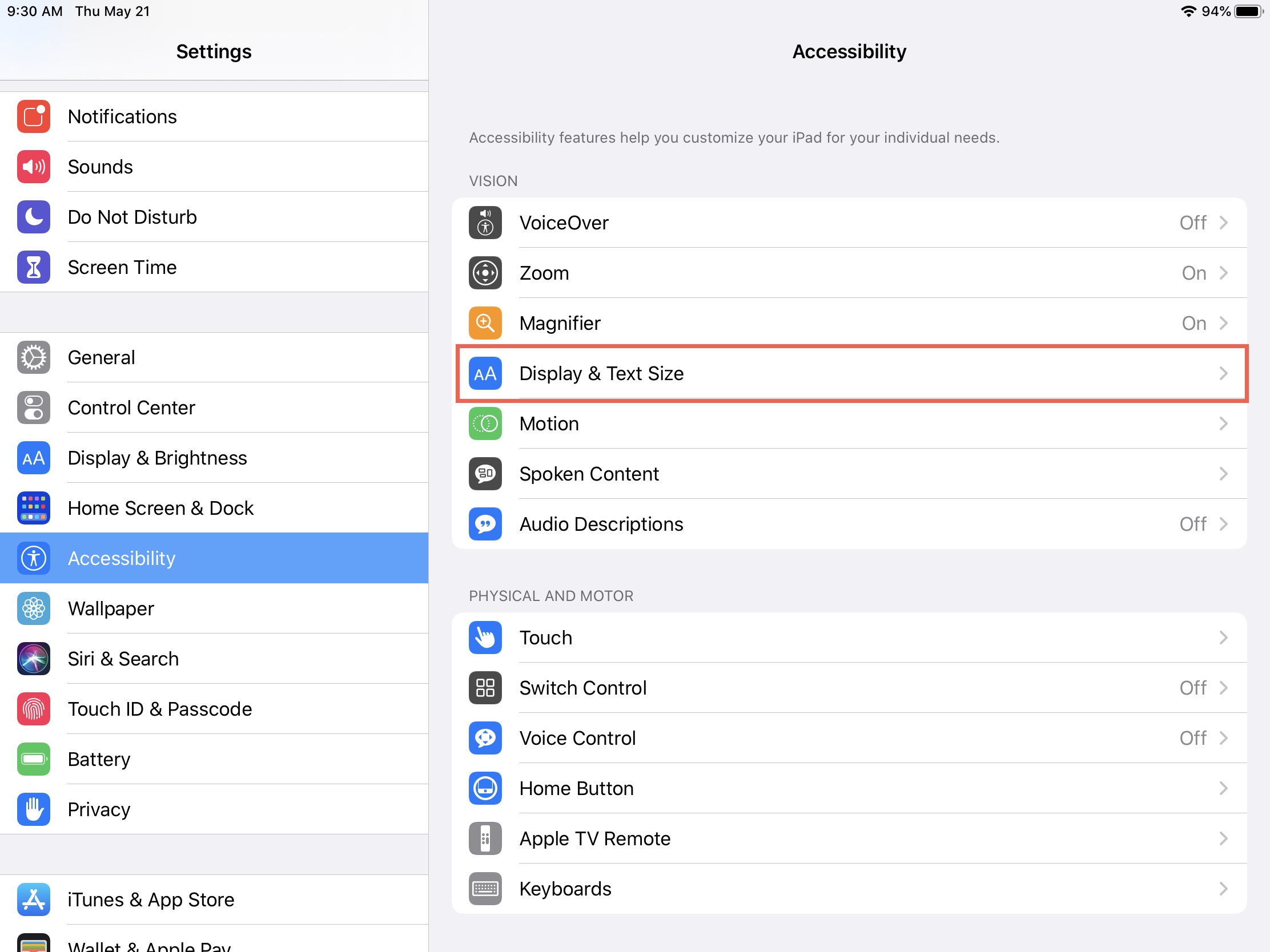 Accessibility Display and Text iPad