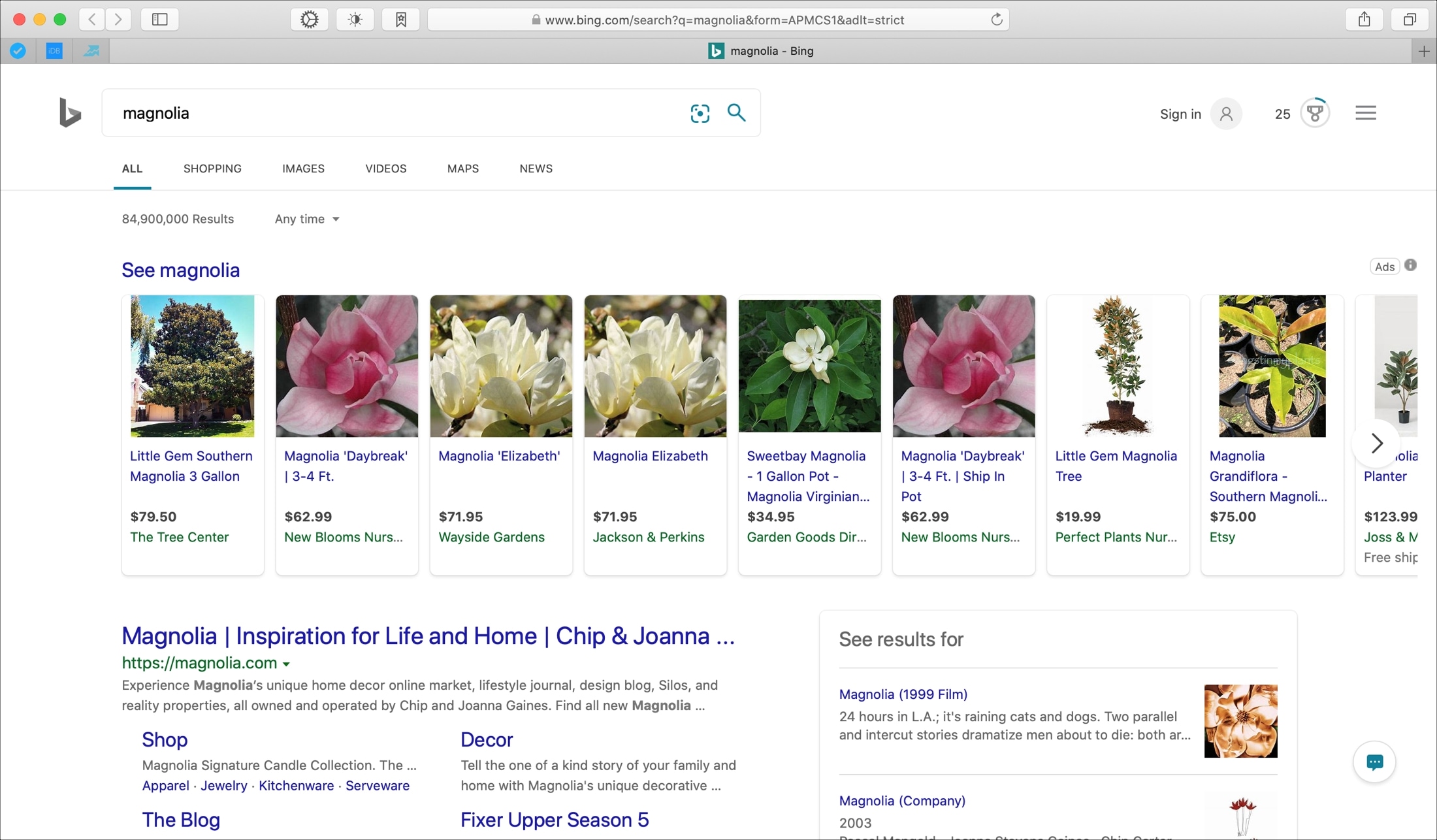 Magnolia search results on Bing