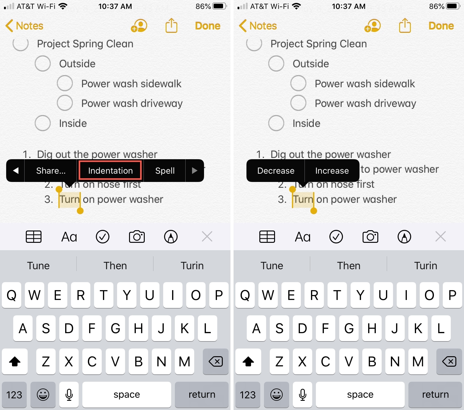 How to quickly create subtasks or indent list items in Notes on iOS