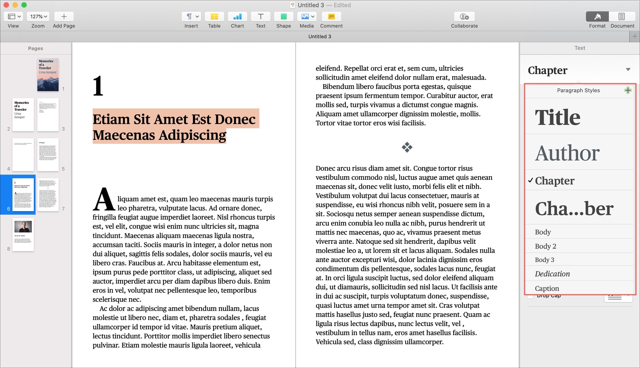 Pages Book Paragraph Styles on Mac