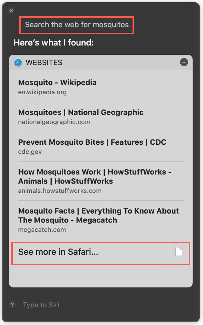 Siri Search the Web for on Mac
