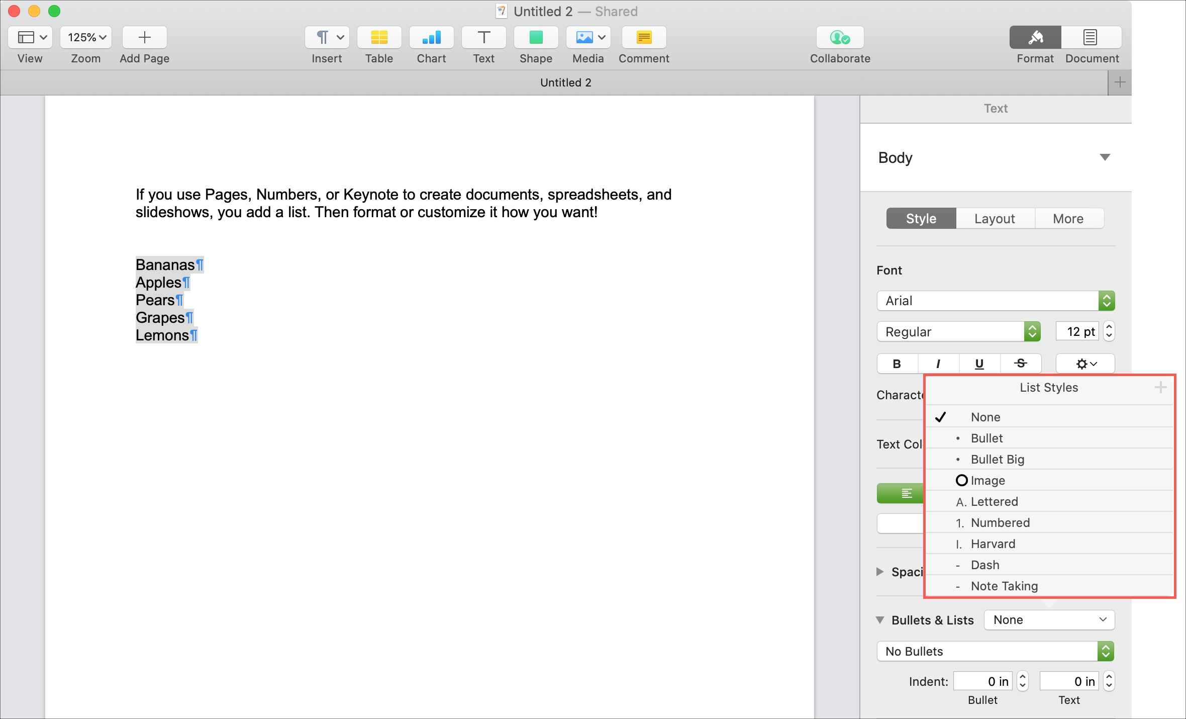 Choose List Style Pages Mac