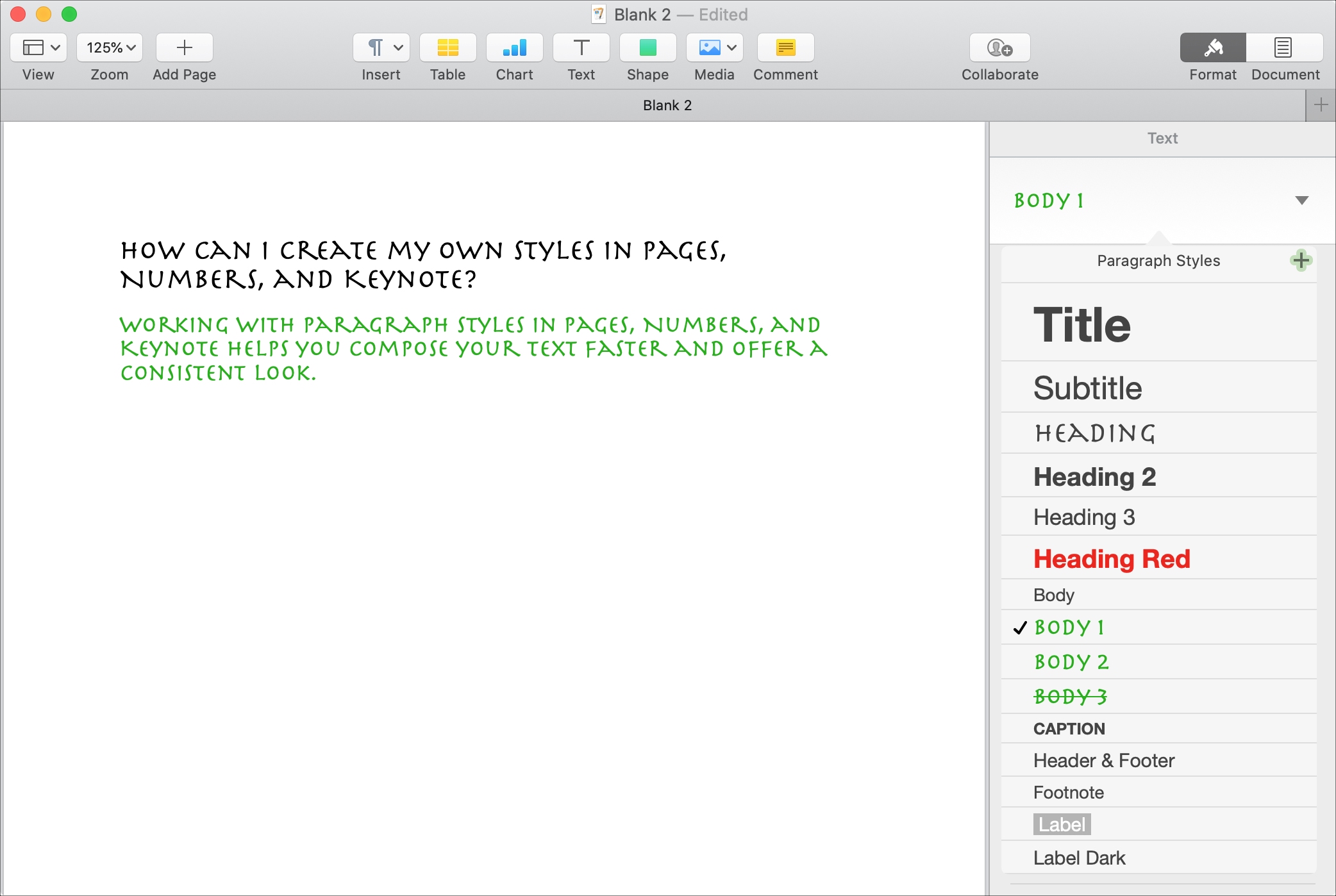 Customize Create Paragraph Styles Pages Mac