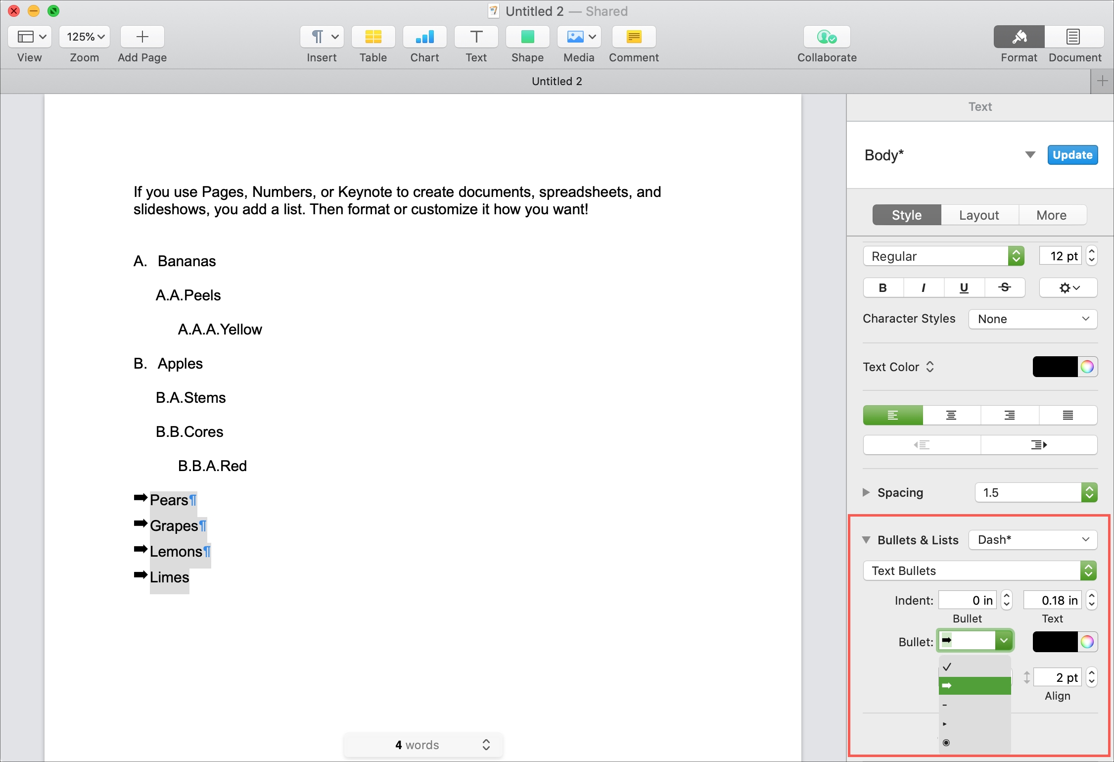 Dash List Style Bullets Pages Mac