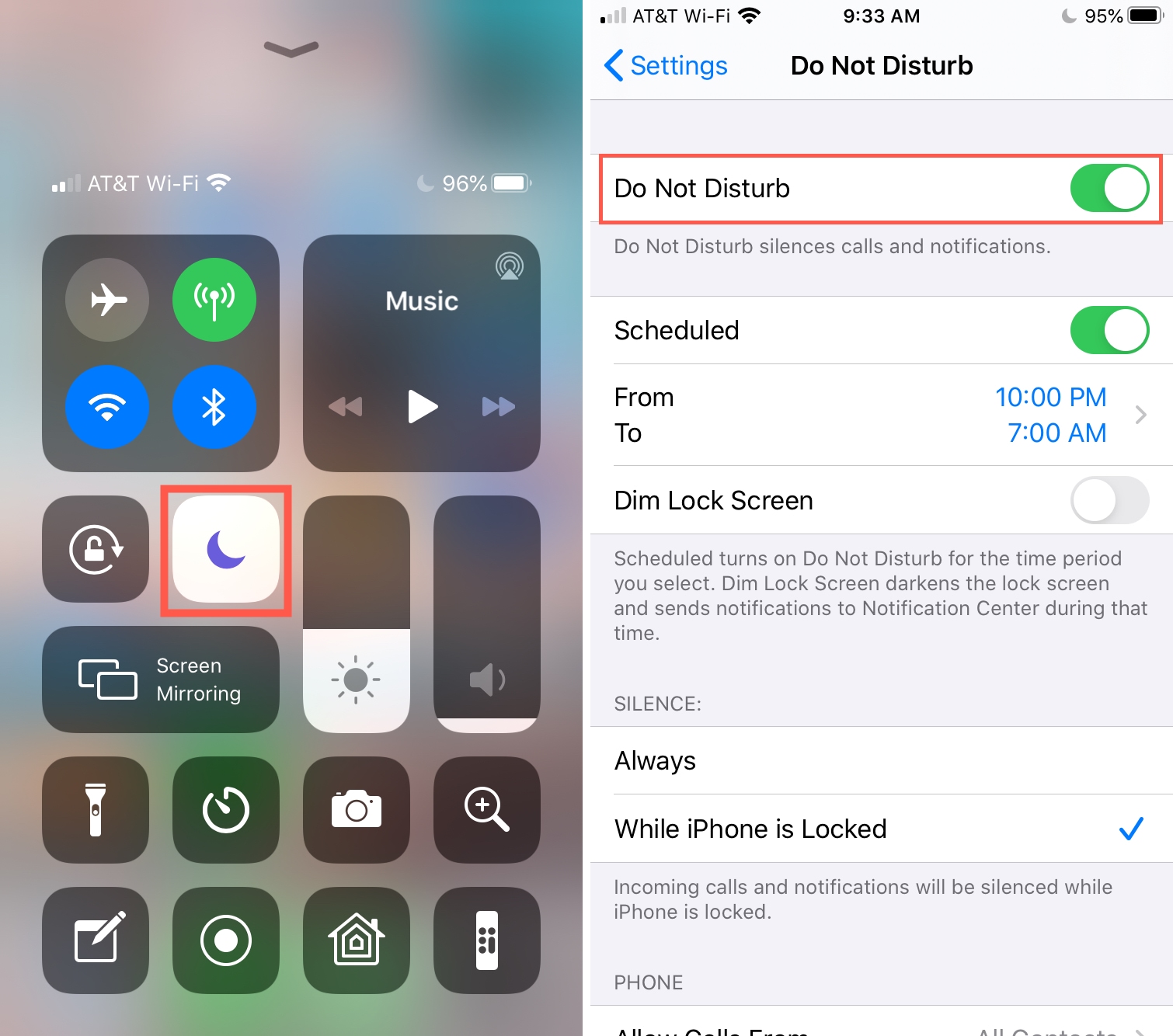 Do Not Disturb iPhone Control Center and Settings