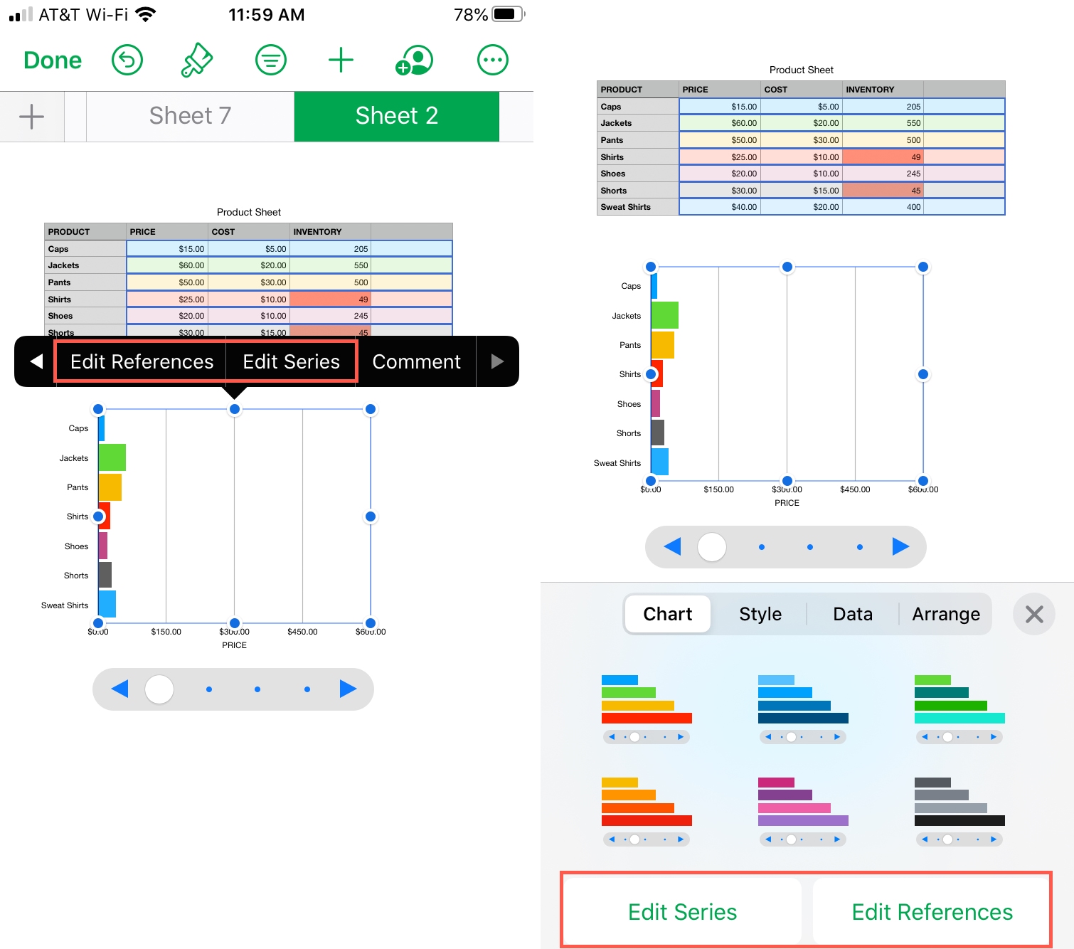 Edit Chart References in Numbers iPhone