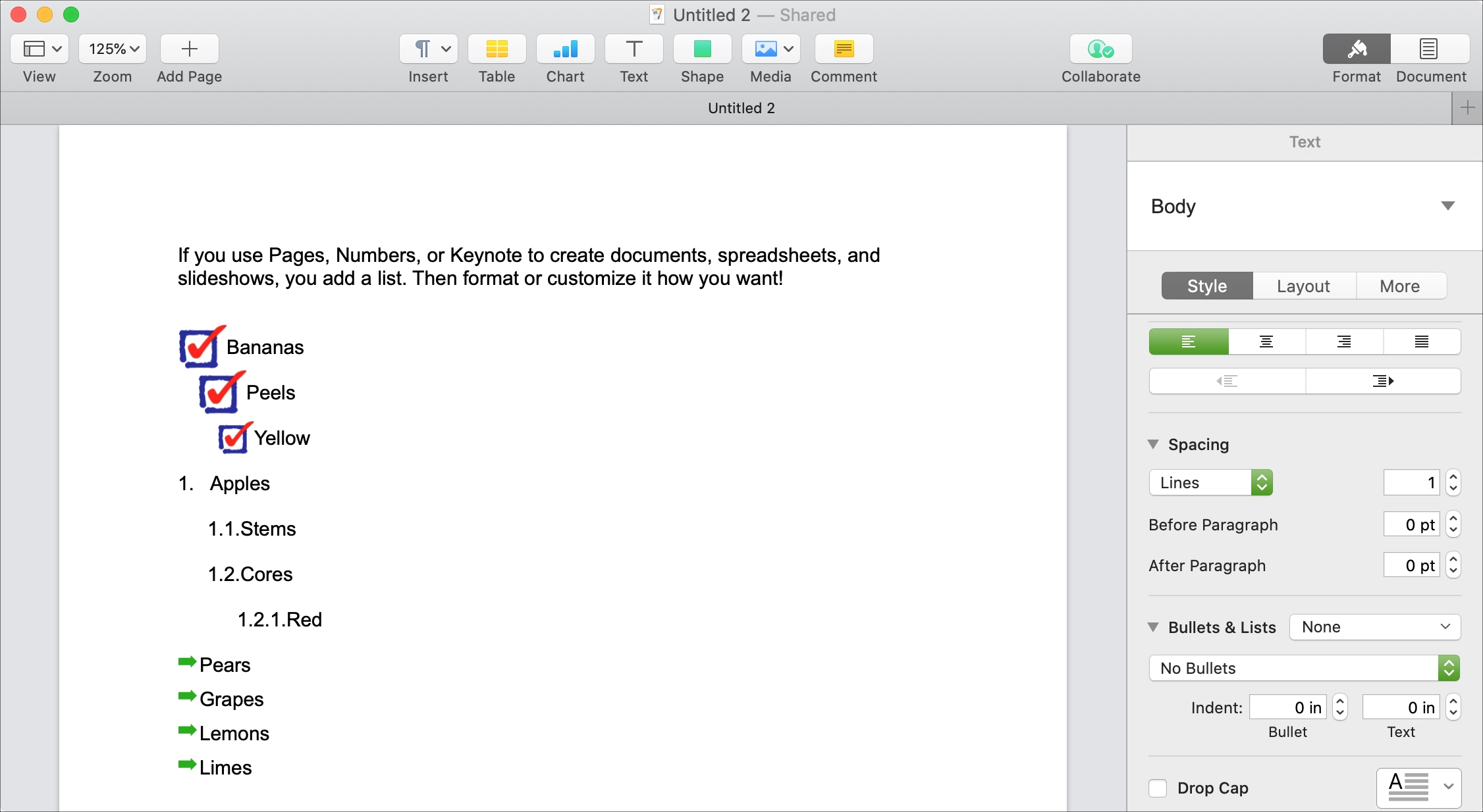 Format Customize Lists Pages Mac