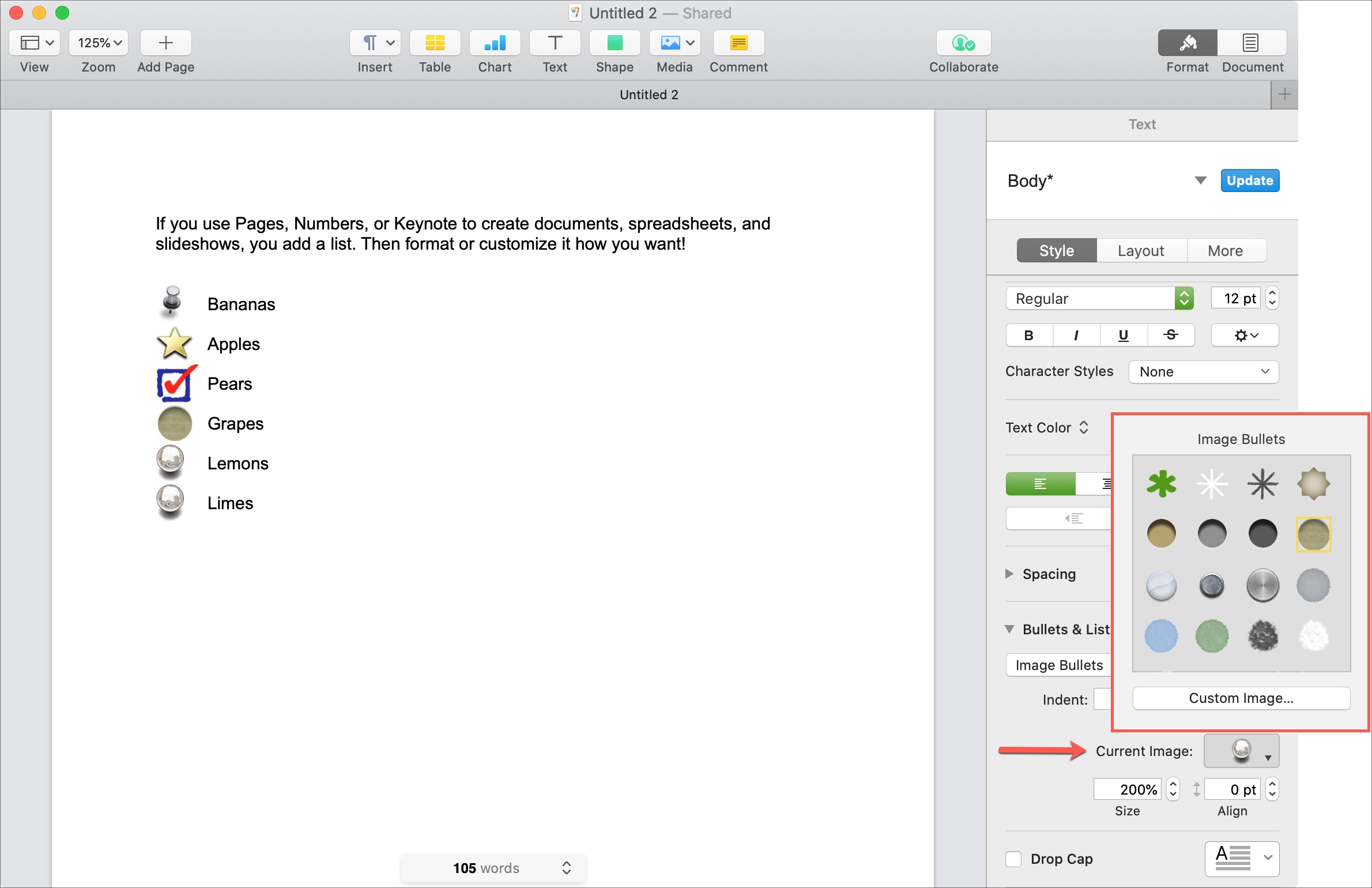 Image Bullets Pages Mac