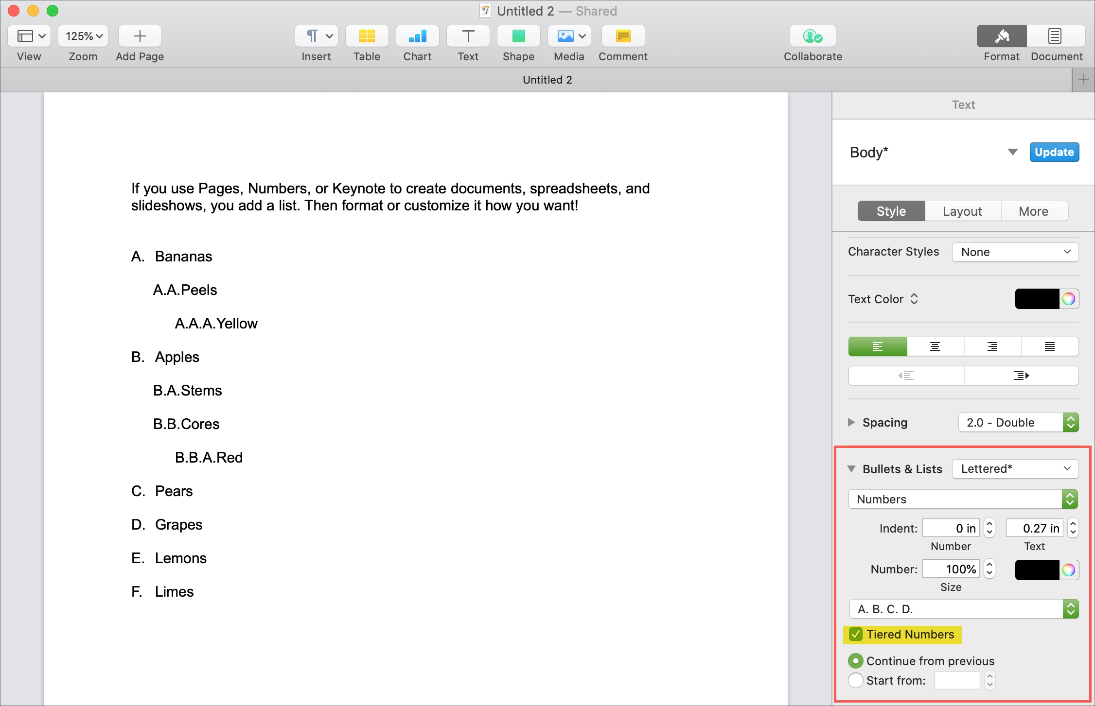 Lettered List Tiered Numbers Pages Mac