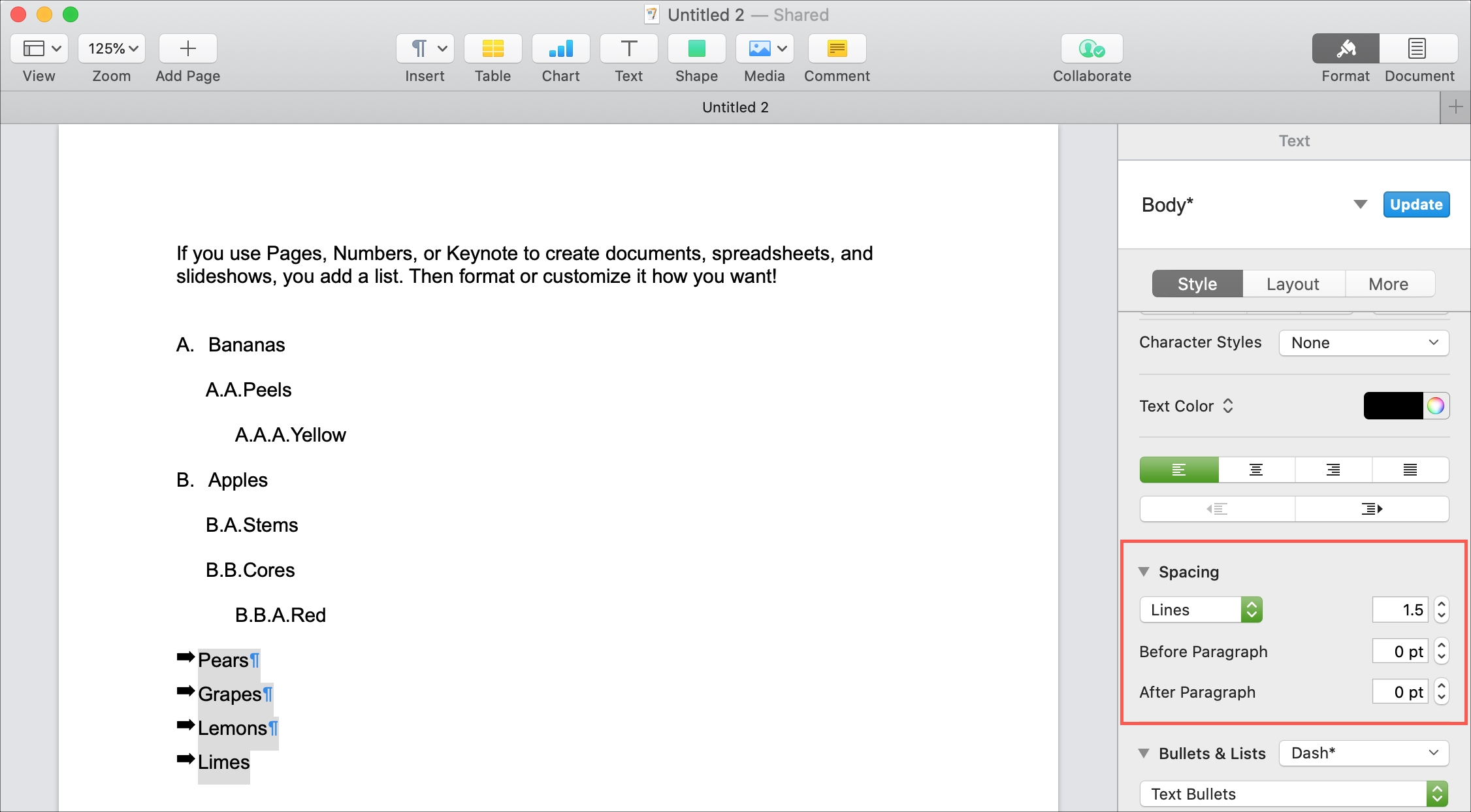 Line Spacing List Styles Pages Mac