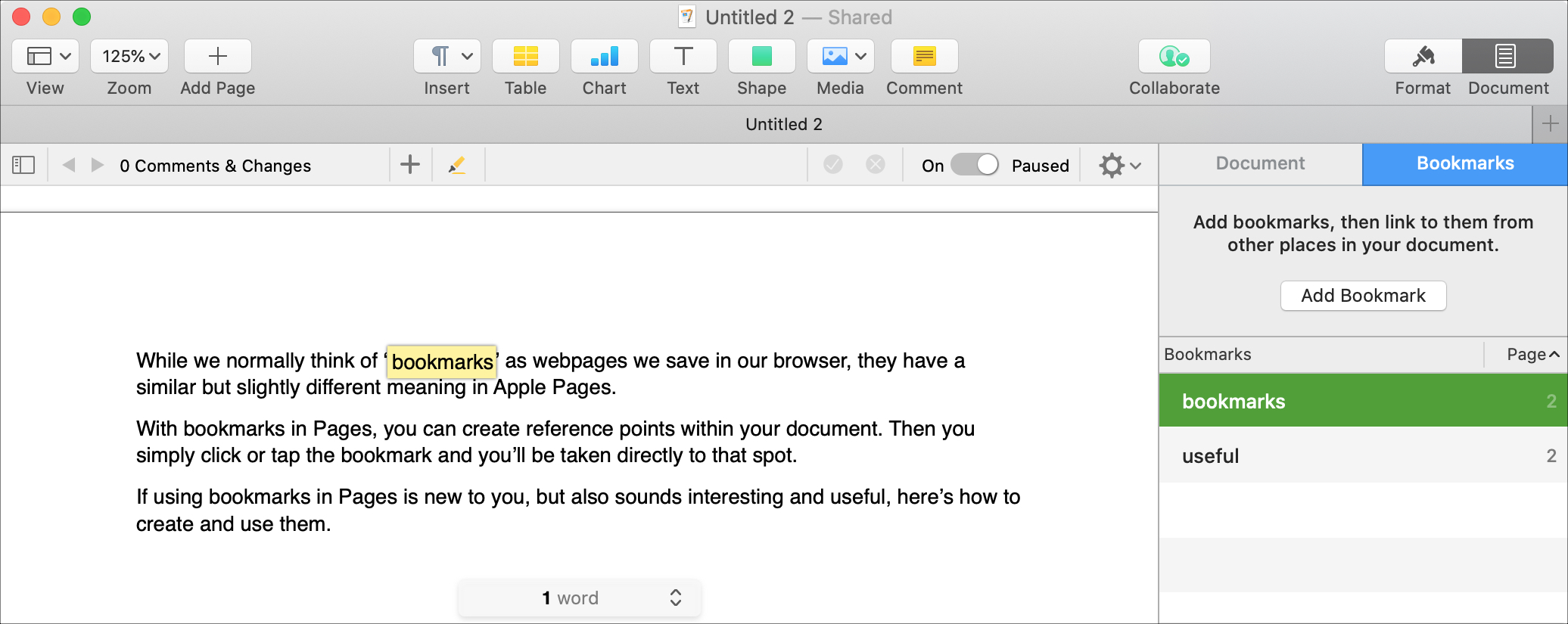Pages Bookmark List on Mac