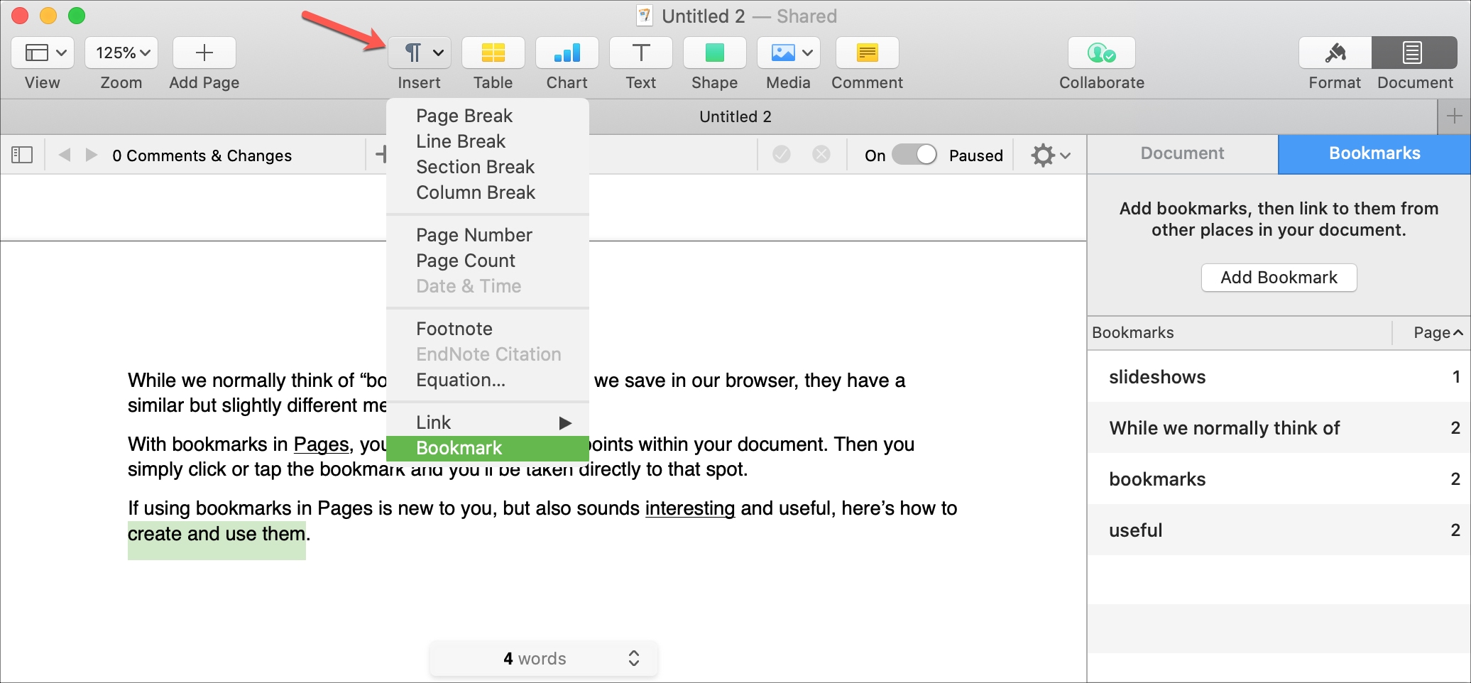 Pages Create Bookmark on Mac