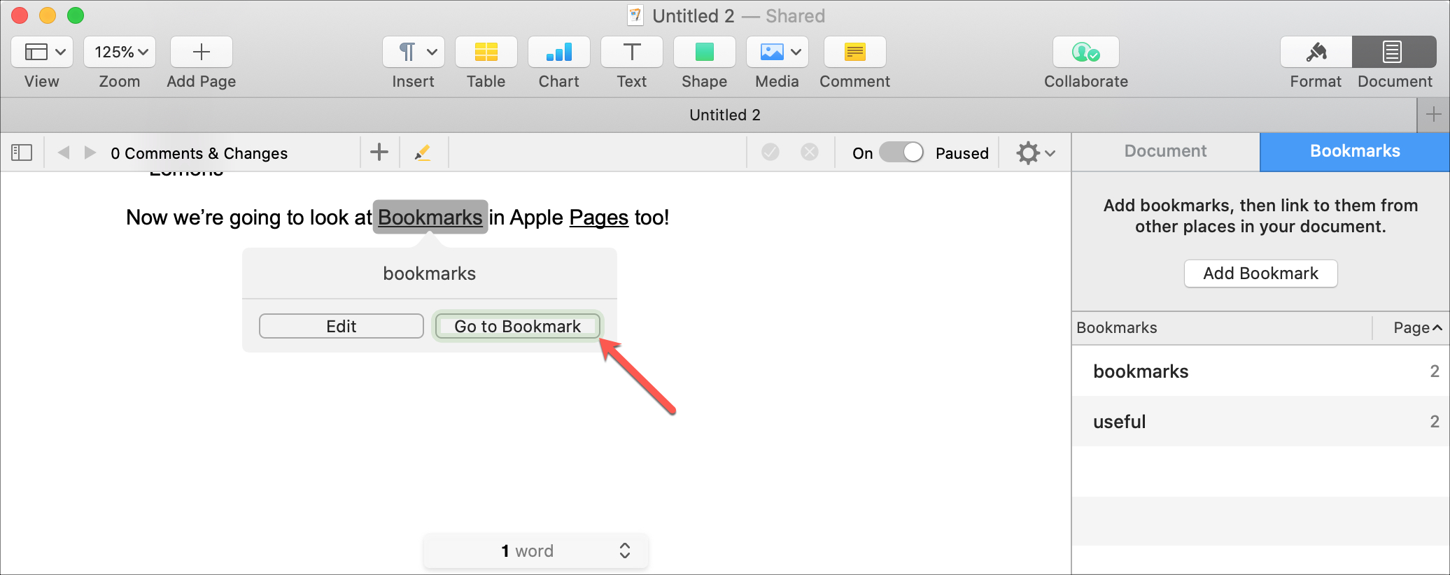 Pages Go To Bookmark on Mac